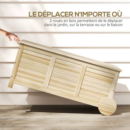 Outsunny - Coffre de jardin 185L banc dim. 110 x 50 x 50 cm - 2 roues, poignée, compas - bois sapin pré-huilé - Outsunny - Image 6