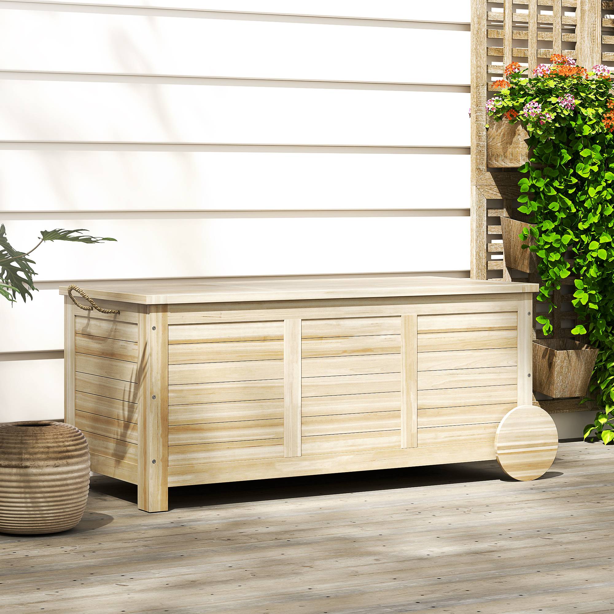 Outsunny - Coffre de jardin 185L banc dim. 110 x 50 x 50 cm - 2 roues, poignée, compas - bois sapin pré-huilé - Outsunny - Image 2