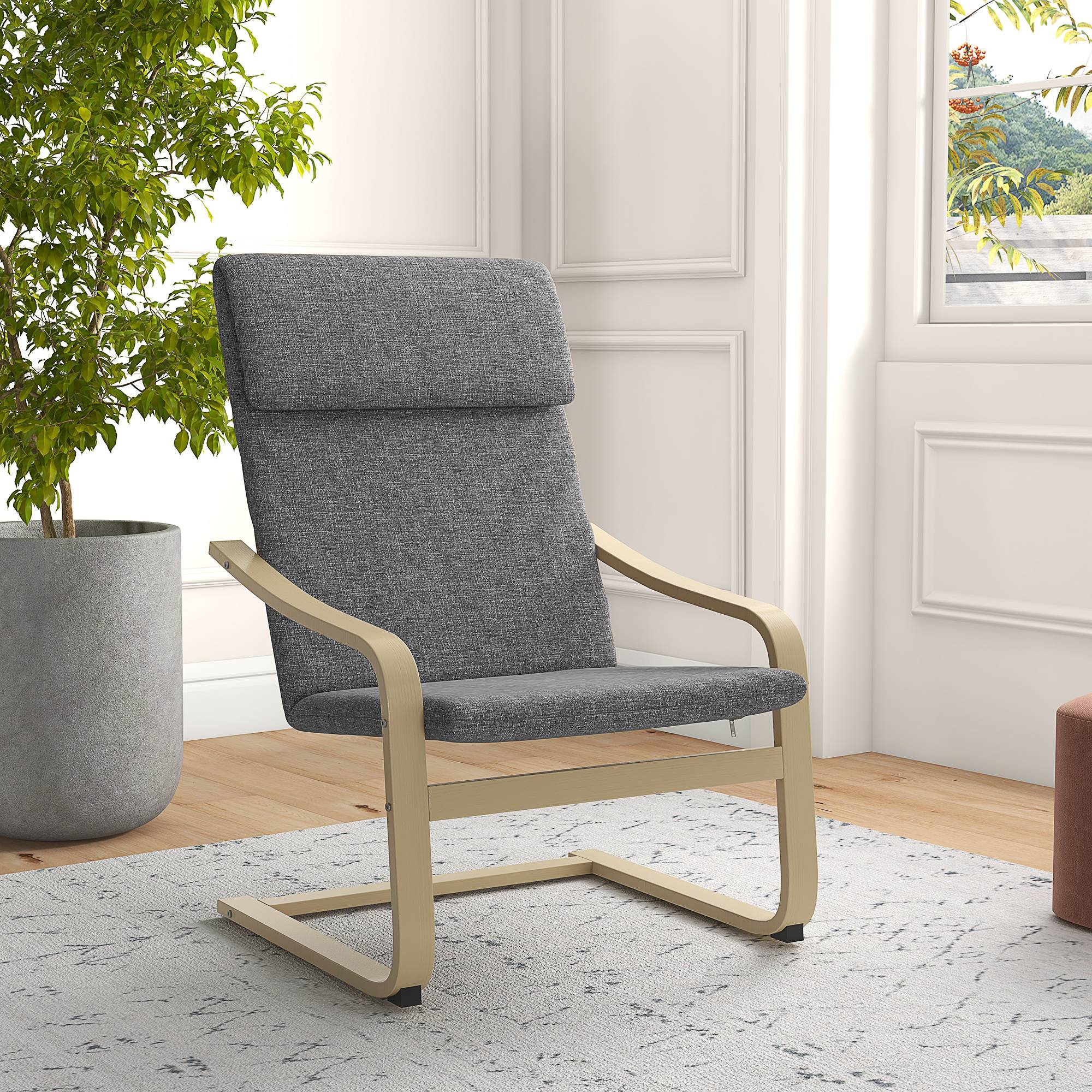 Fauteuil avec appui-tête et accoudoirs, revêtement aspect lin, structure en bois, gris et naturel - Image 4