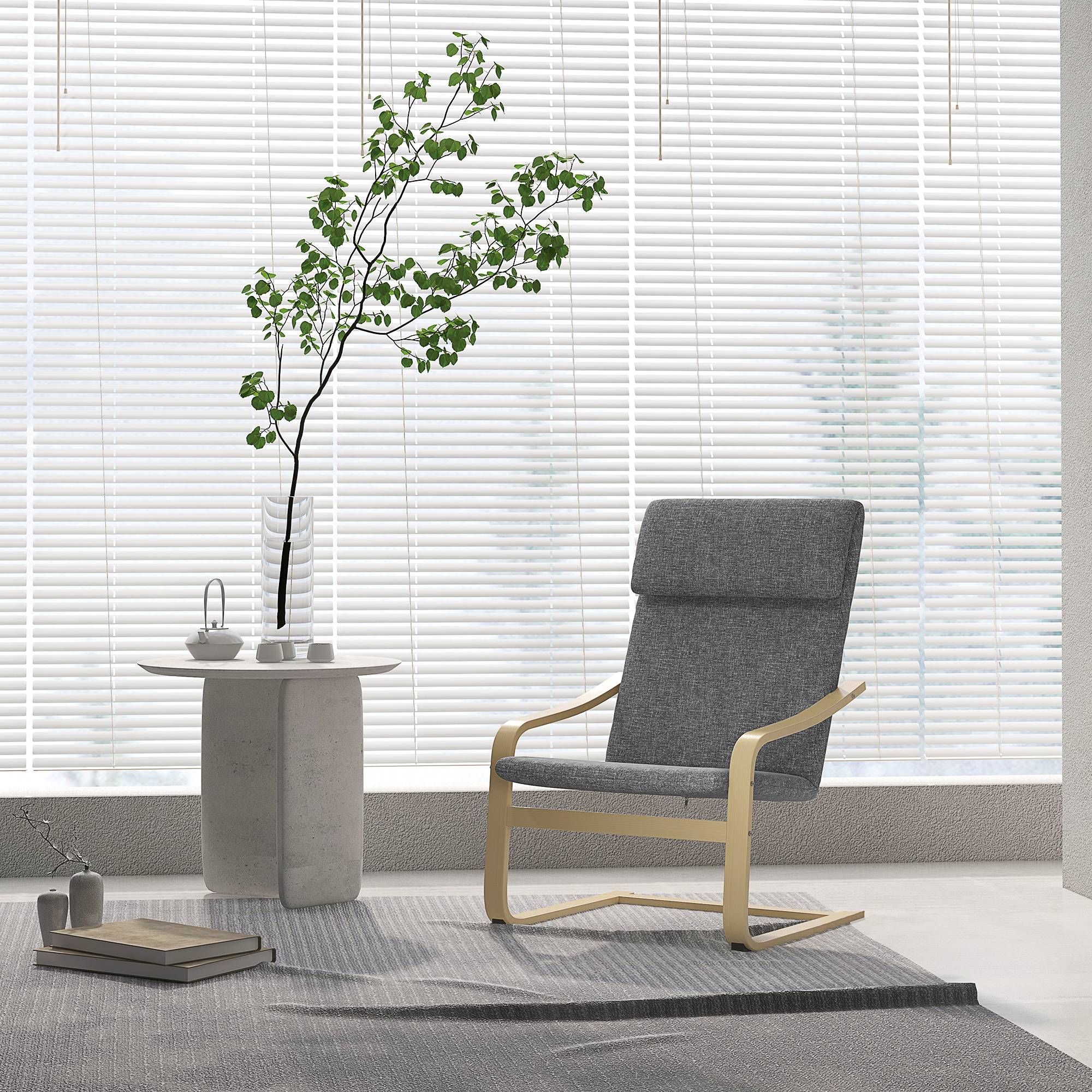 Fauteuil avec appui-tête et accoudoirs, revêtement aspect lin, structure en bois, gris et naturel - Image 3