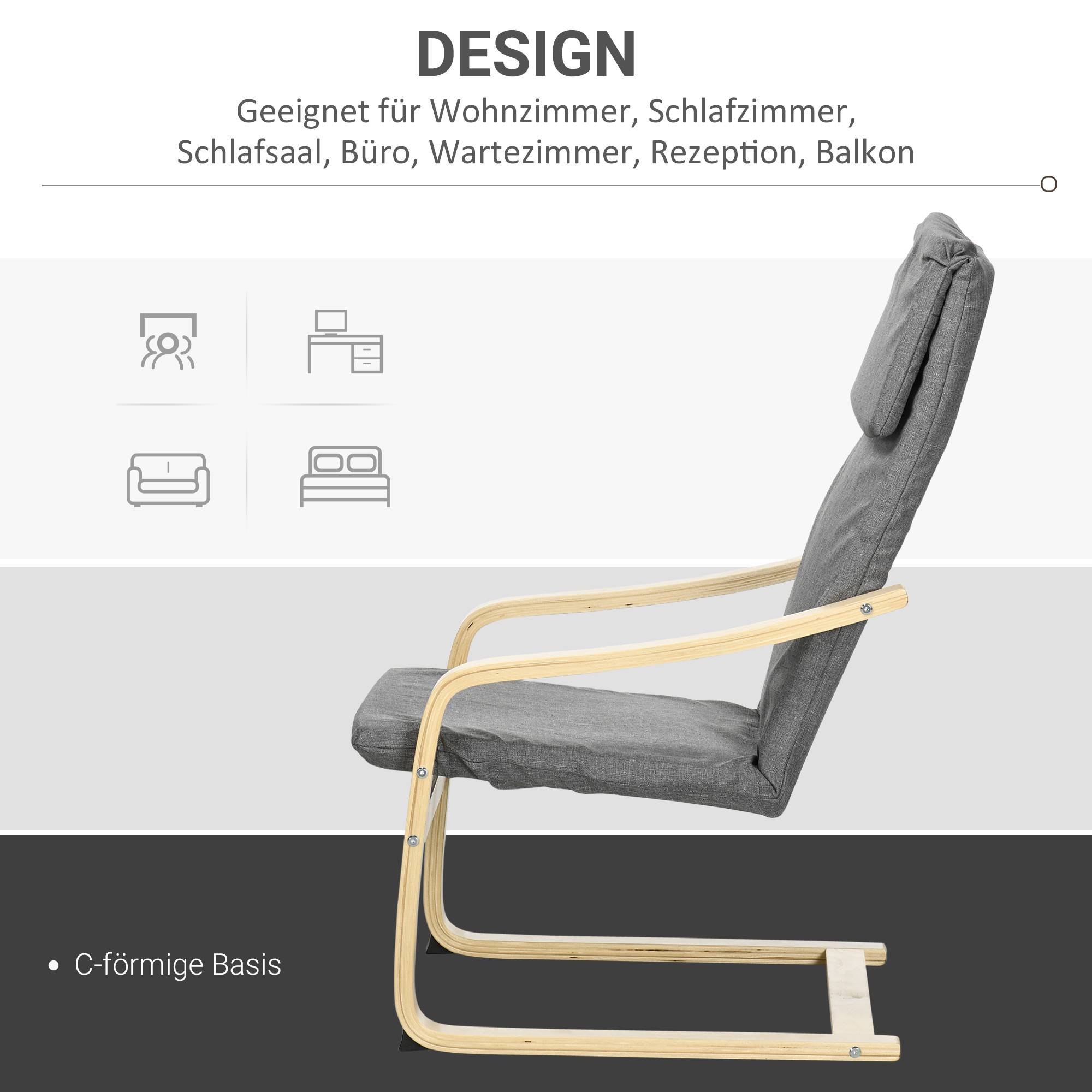 Fauteuil avec appui-tête et accoudoirs, revêtement aspect lin, structure en bois, gris et naturel - Image 9