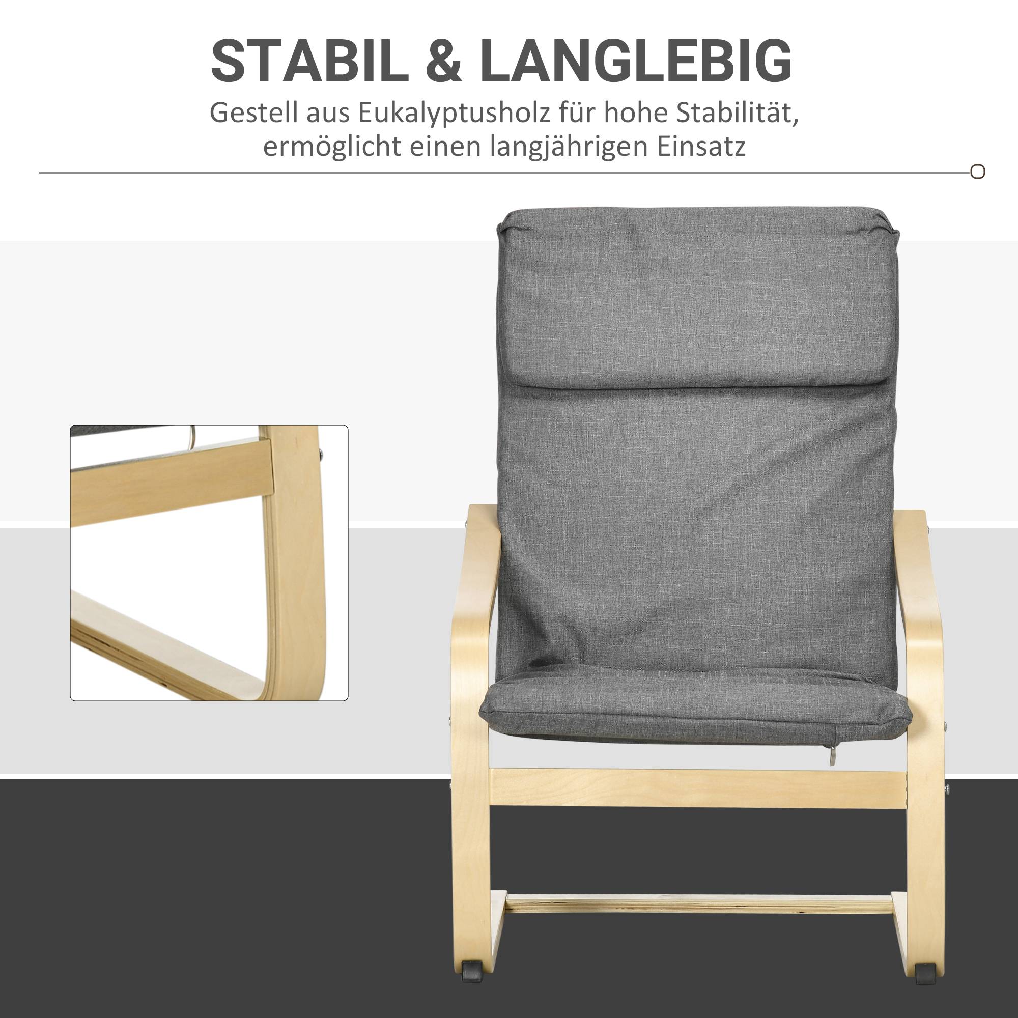 Fauteuil avec appui-tête et accoudoirs, revêtement aspect lin, structure en bois, gris et naturel - Image 7