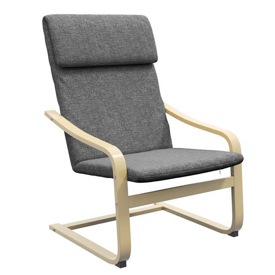 Fauteuil avec appui-tête et accoudoirs, revêtement aspect lin, structure en bois, gris et naturel - Image 1