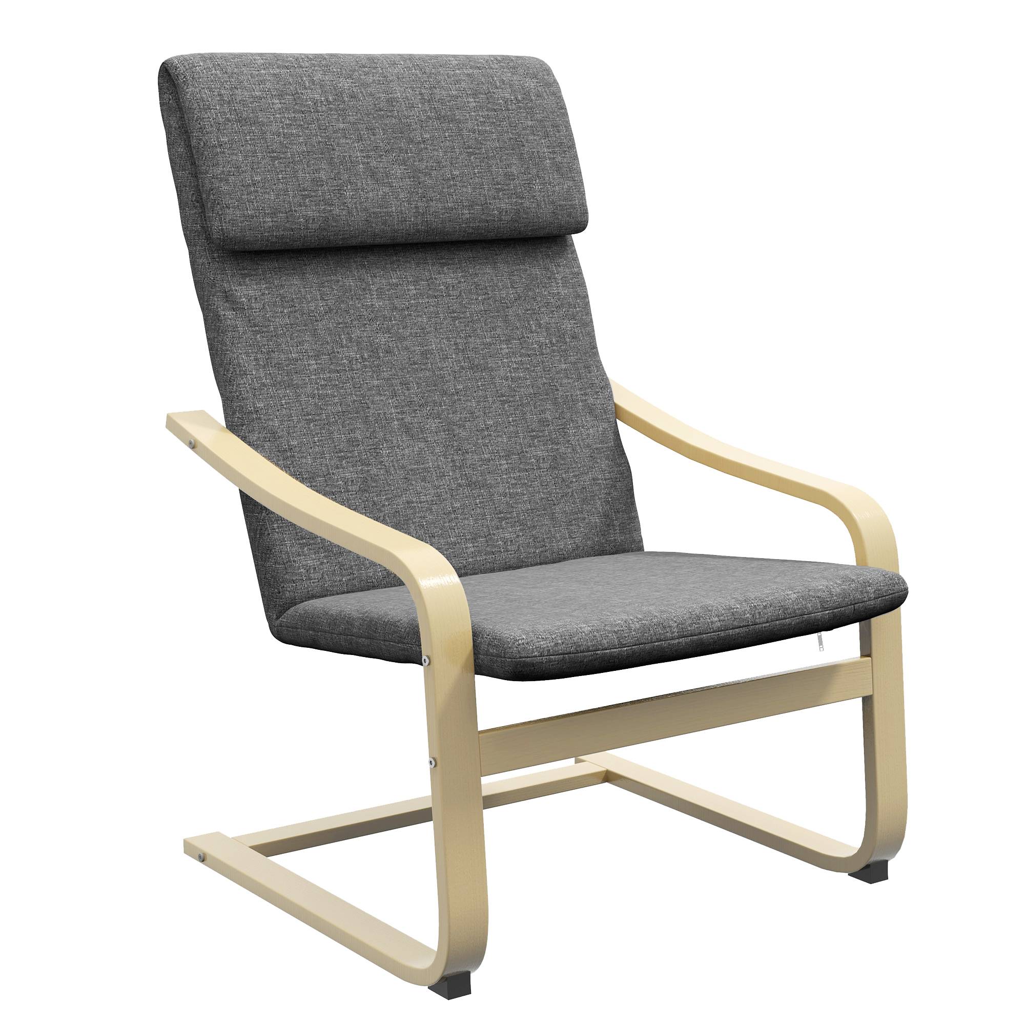 Fauteuil avec appui-tête et accoudoirs, revêtement aspect lin, structure en bois, gris et naturel - Image 1