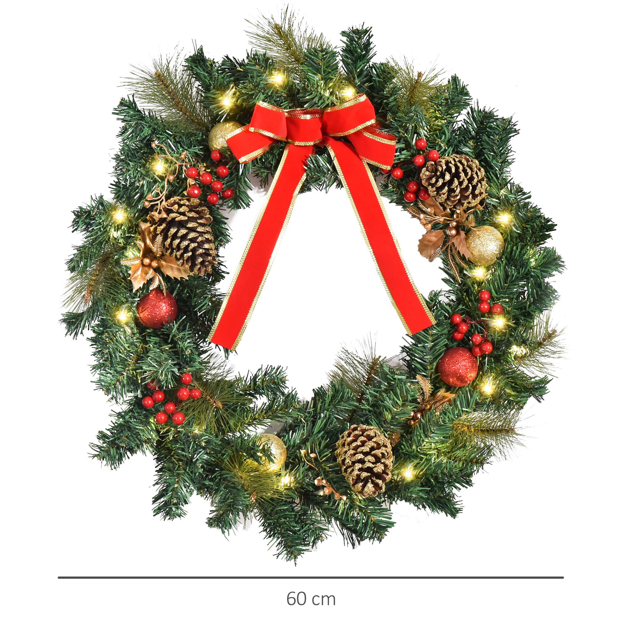 Couronne de Noël artificielle lumineuse avec 20 LED de 60 cm - décorée de houx et de pommes de pin - Image 5
