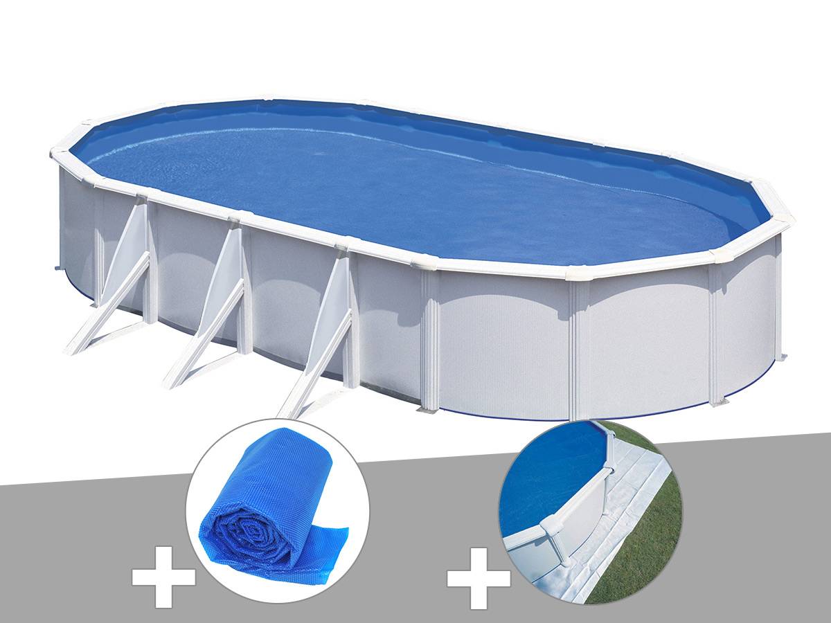 Gré - Kit piscine acier blanc Gré Fidji ovale 7,44 x 3,99 x 1,22 m + Bâche à bulles + Tapis de sol