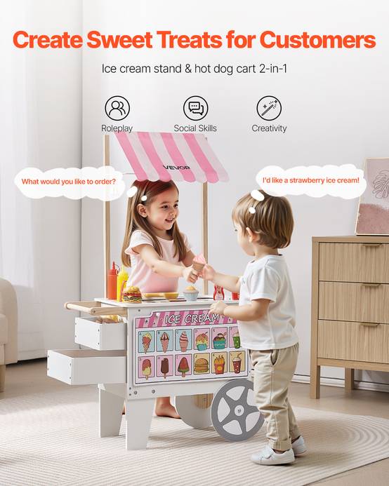 Vevor - VEVOR Chariot à glaces transformable en stand de hot-dogs, bois MDF, 25 accessoires, rangement intégré, 3-7 ans. - Image 2