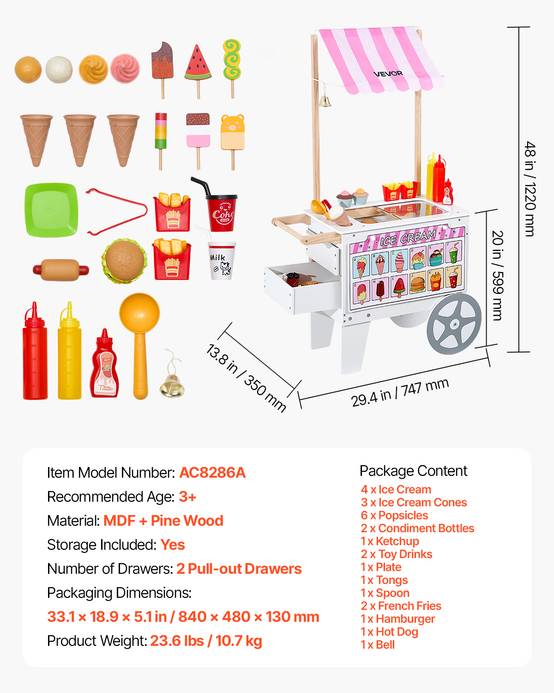 Vevor - VEVOR Chariot à glaces transformable en stand de hot-dogs, bois MDF, 25 accessoires, rangement intégré, 3-7 ans. - Image 6