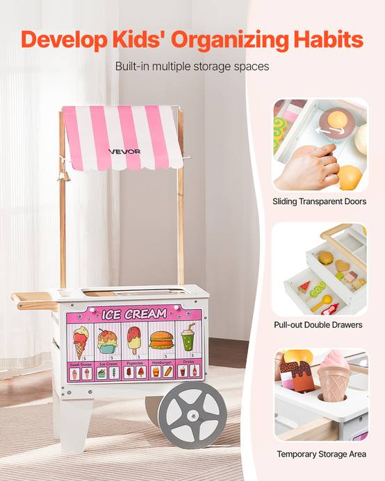 Vevor - VEVOR Chariot à glaces transformable en stand de hot-dogs, bois MDF, 25 accessoires, rangement intégré, 3-7 ans. - Image 4