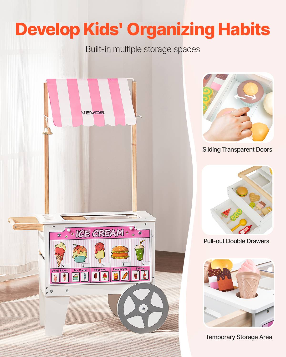 Vevor - VEVOR Chariot à glaces transformable en stand de hot-dogs, bois MDF, 25 accessoires, rangement intégré, 3-7 ans. - Image 4