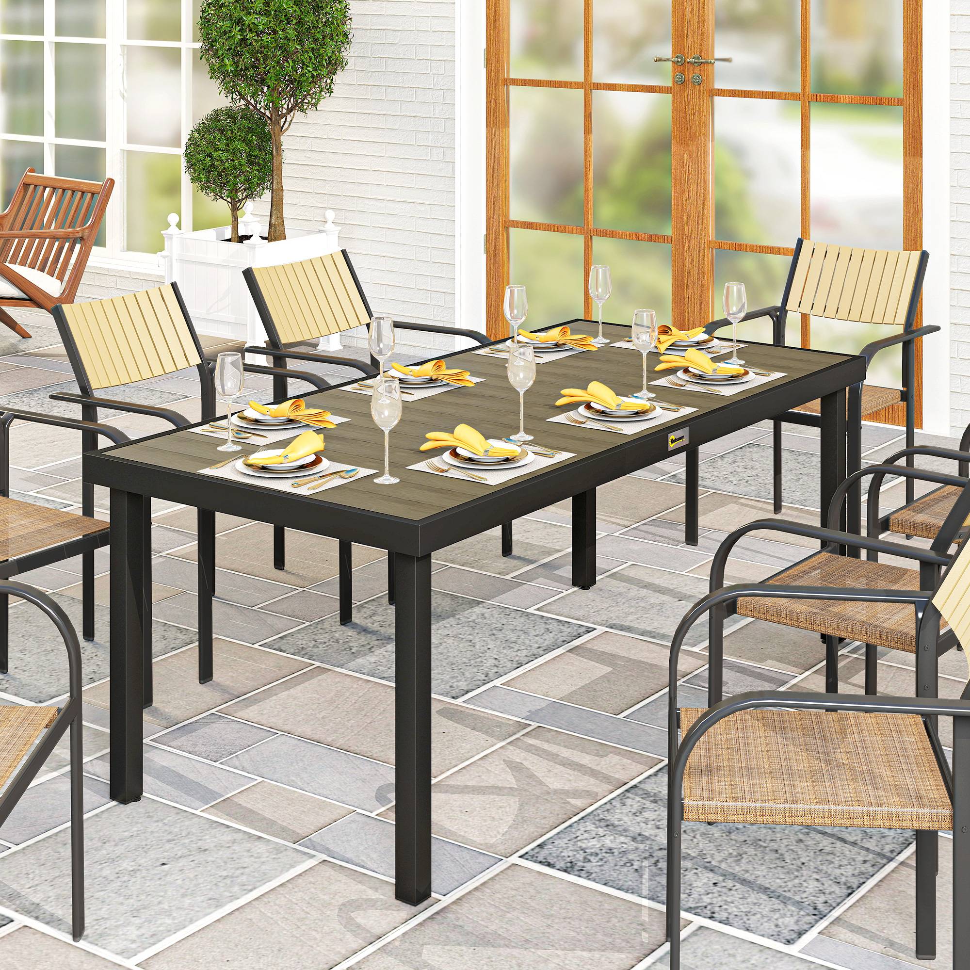 Outsunny - Table de jardin rectangulaire pour 8 personnes en aluminium plateau PE à lattes aspect bois dim. 190L x 90l x 74H cm noir - Image 4