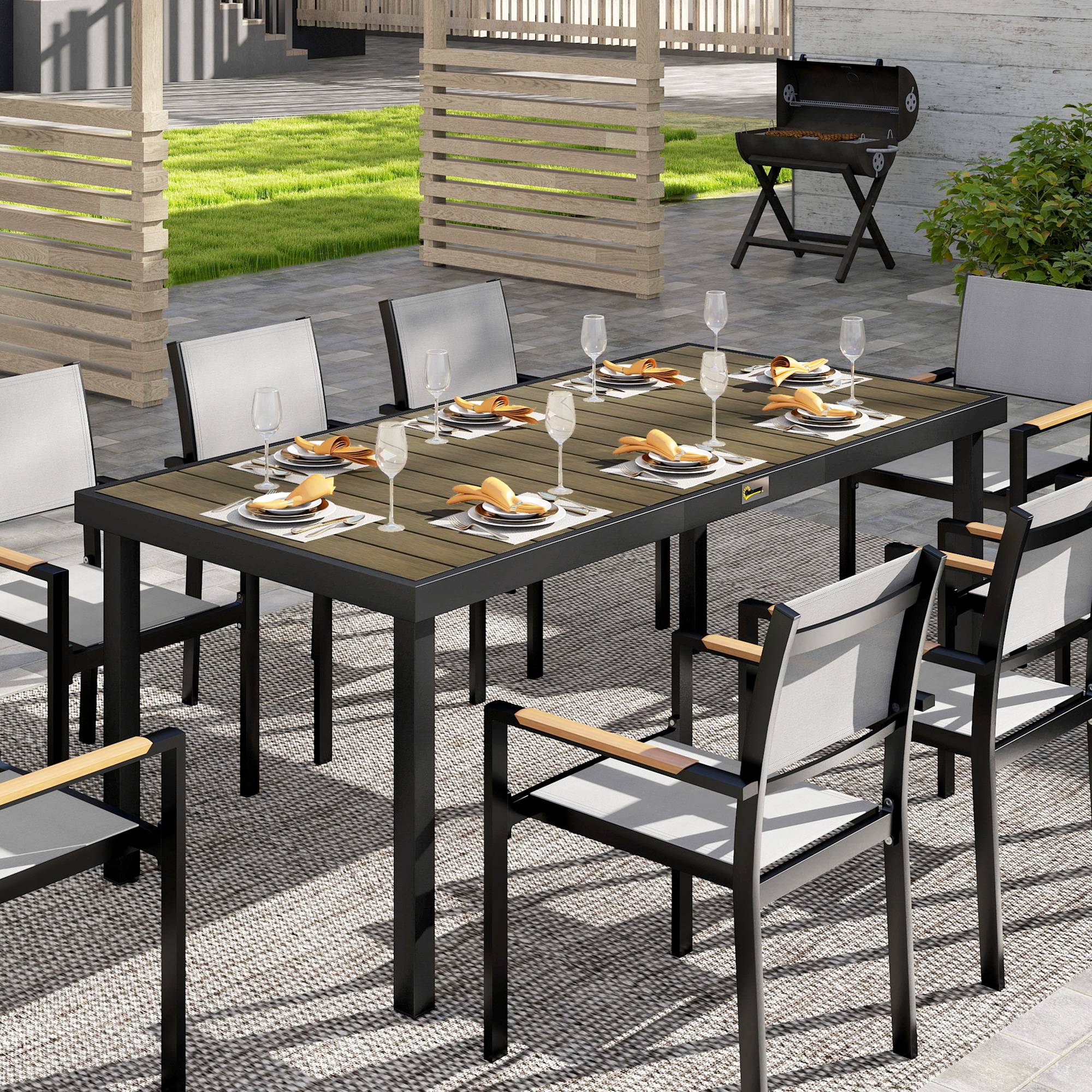 Outsunny - Table de jardin rectangulaire pour 8 personnes en aluminium plateau PE à lattes aspect bois dim. 190L x 90l x 74H cm noir - Image 2