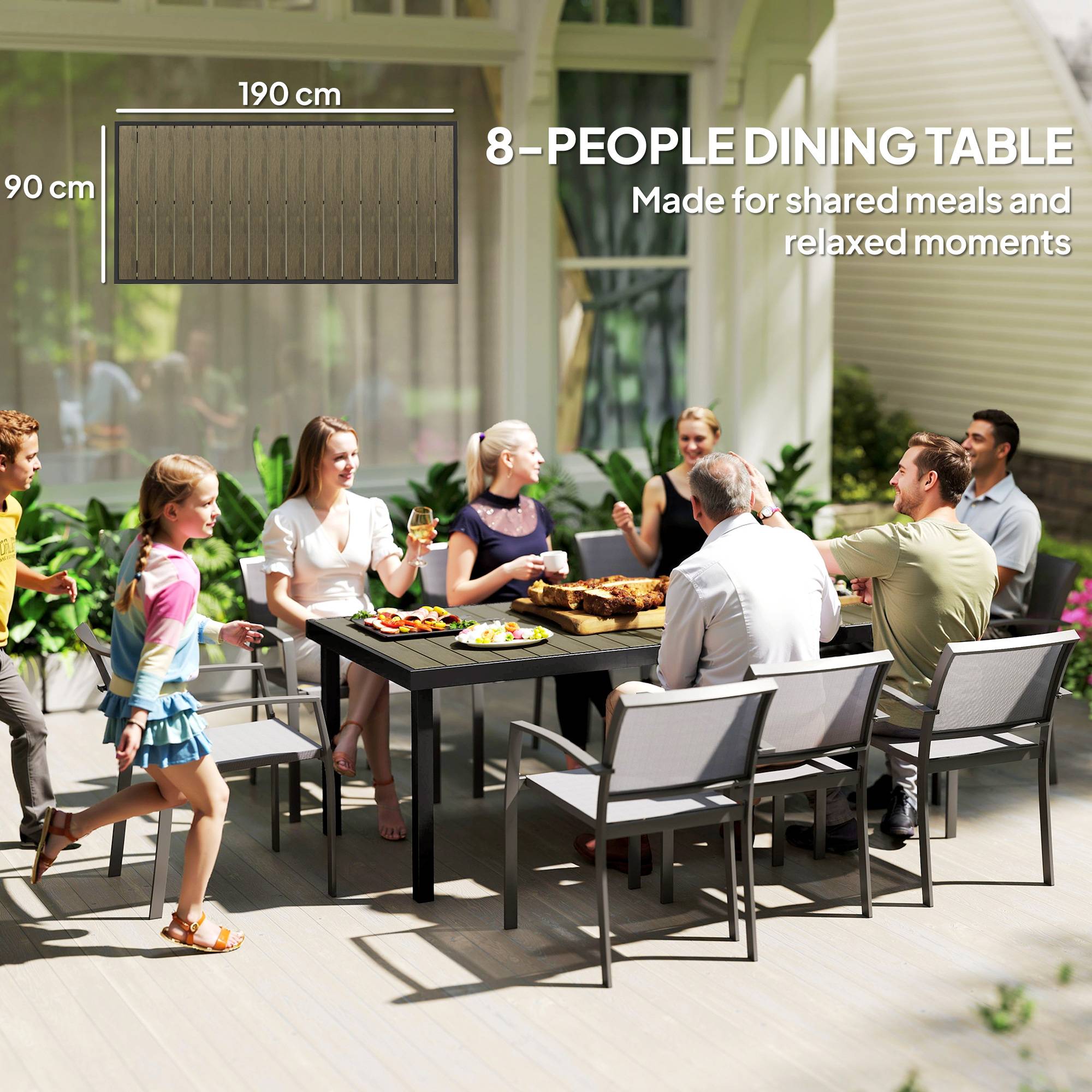 Outsunny - Table de jardin rectangulaire pour 8 personnes en aluminium plateau PE à lattes aspect bois dim. 190L x 90l x 74H cm noir - Image 5