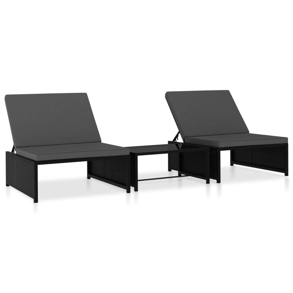 Helloshop26 - Lot de 2 transats chaise longue bain de soleil lit de jardin terrasse meuble d'extérieur avec table résine tressée noir - Imagen 1