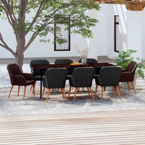 Salon de Jardin 8 Personnes Résine Tressée Noire, Grande Table 200cm et Coussins Gris – ComfortXL Outdoor Living - Image 1