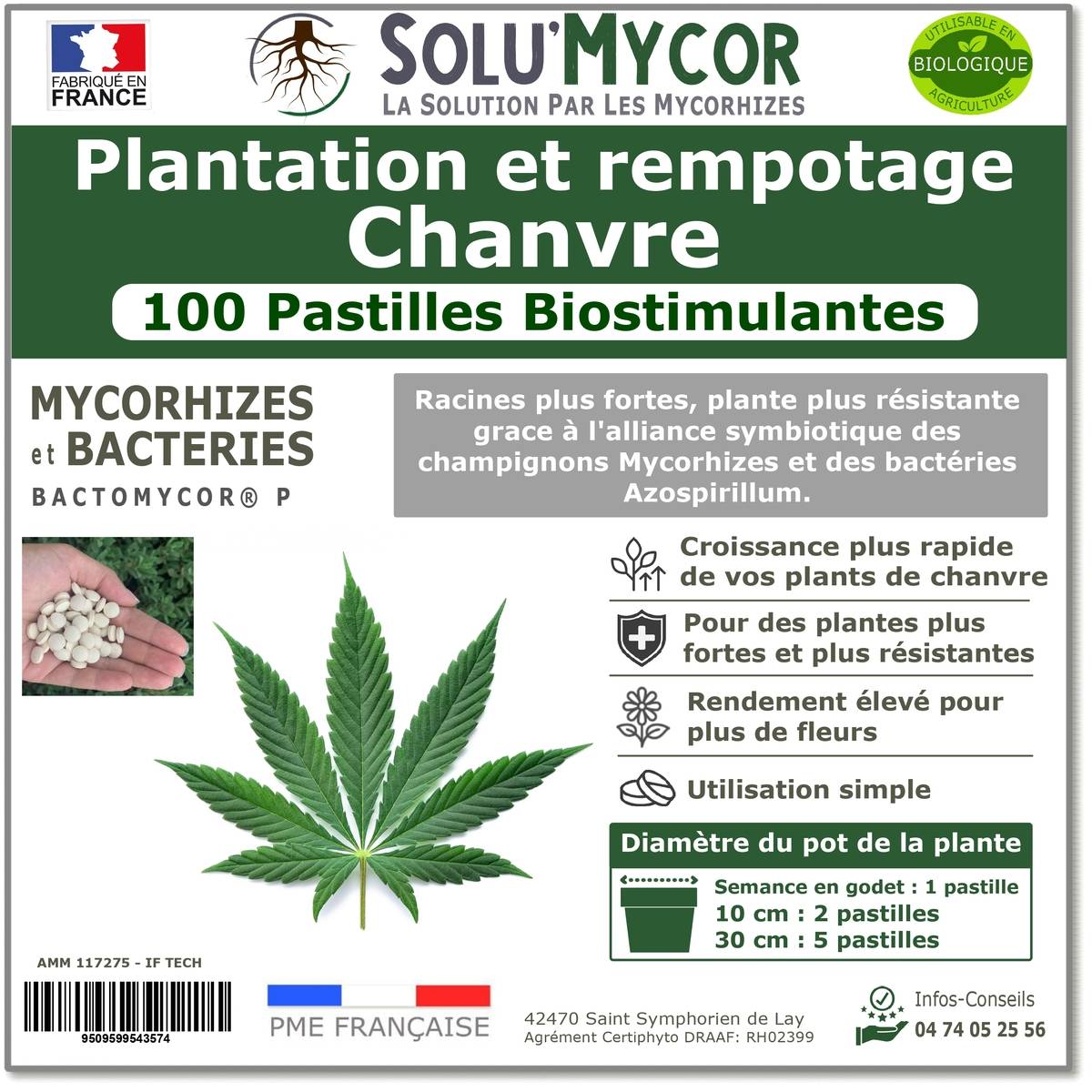 SoluMycor 100 Pastilles Biostimulantes Chanvre Ideal pour Semis et Plantation Mycorhizes et Bacteries Azospirillum - Image 1