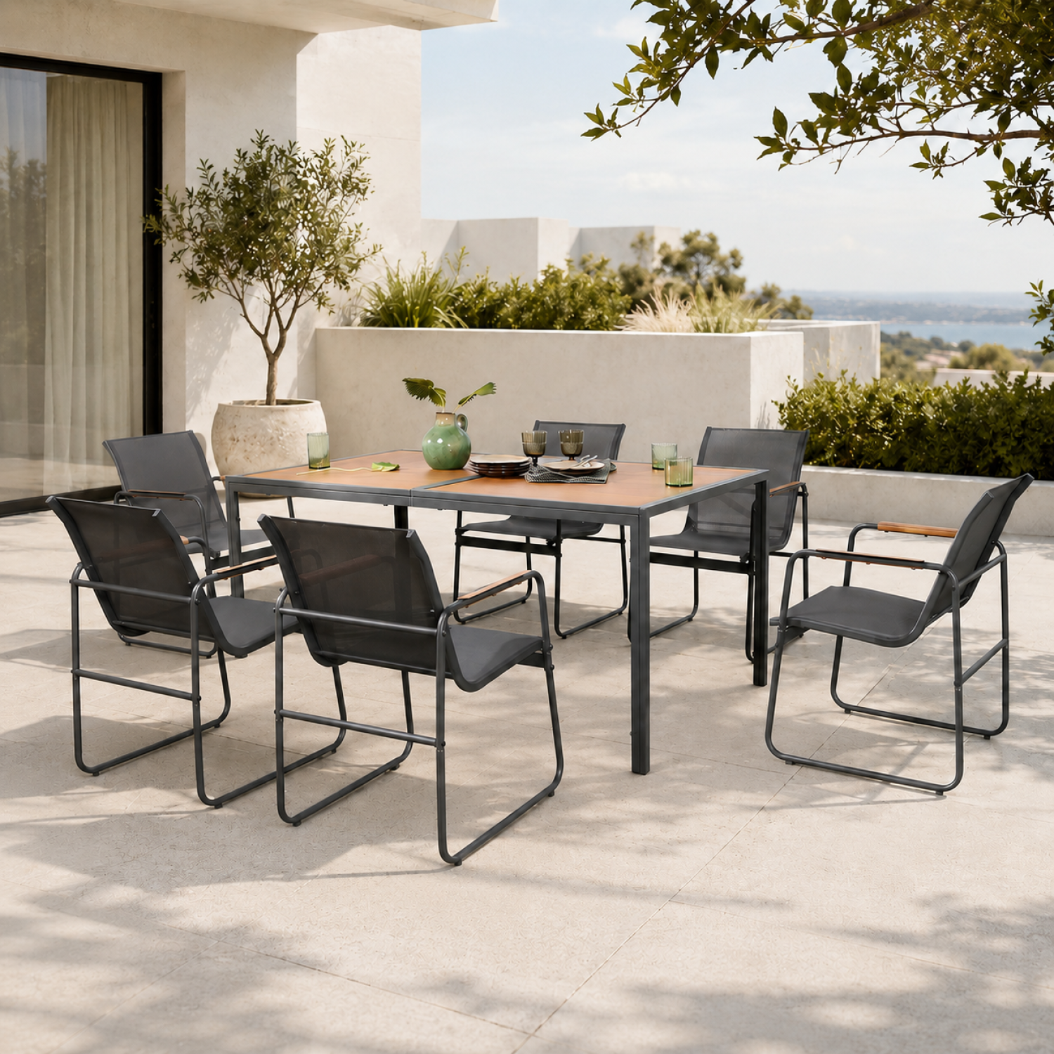 Concept Usine - Salon de jardin 6 places anthracite et bois FOGGIA - Image 2