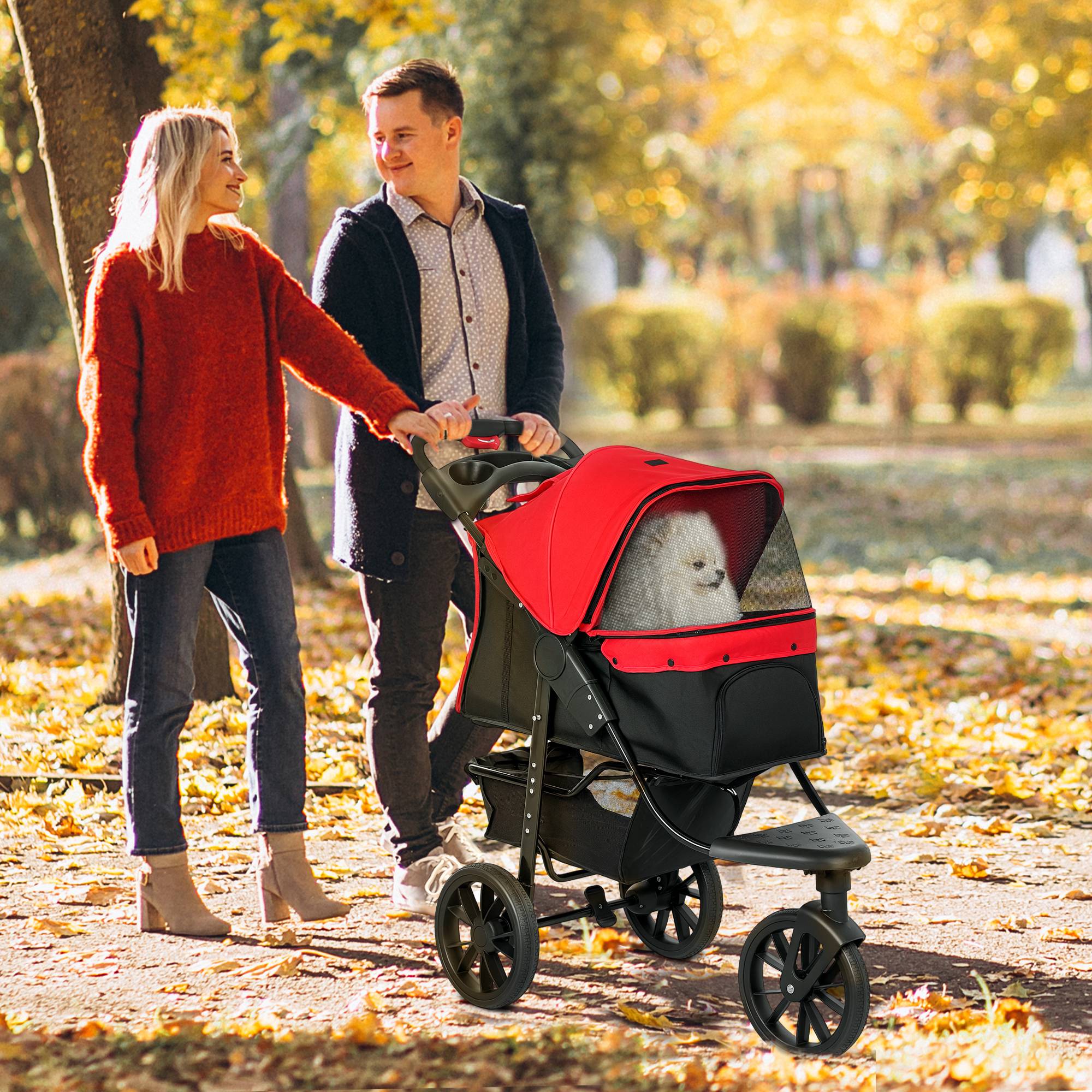 Poussette pour chien chariot pliable 3 roues tout-terrain EVA 12" auvent ajustable 2 laisses 109,5x57,5x106,5cm rouge - Image 4