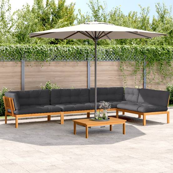 Mobilier de Jardin Palette 5p Bois d'Acacia à Lattes Coussins Déperlants pour Extérieur Brun Anthracite – ComfortXL Outdoor Living - Image 1