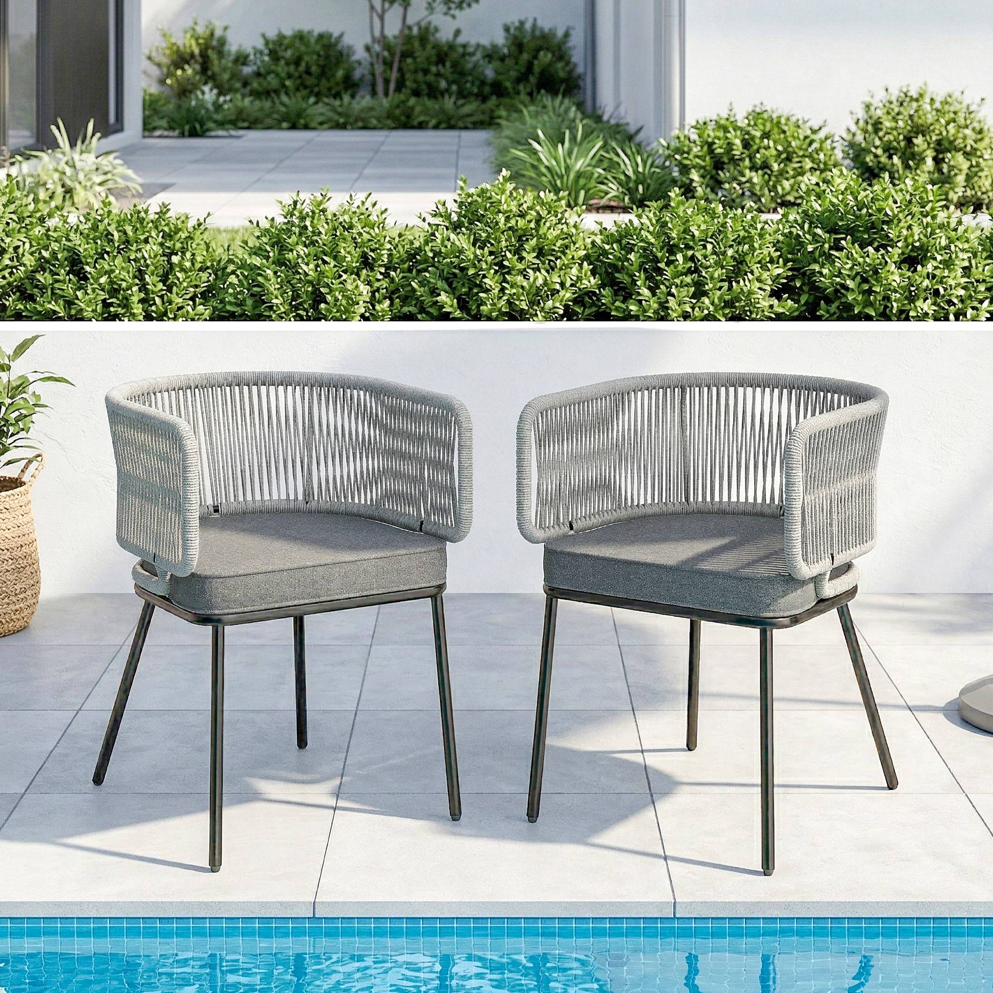 Sans Marque - Lot de 2 Fauteuils de Jardin, Dossier et Accoudoirs en Corde Résine Tressée, Coussins Amovibles, 46x58x72cm, Gris Clair - Image 3