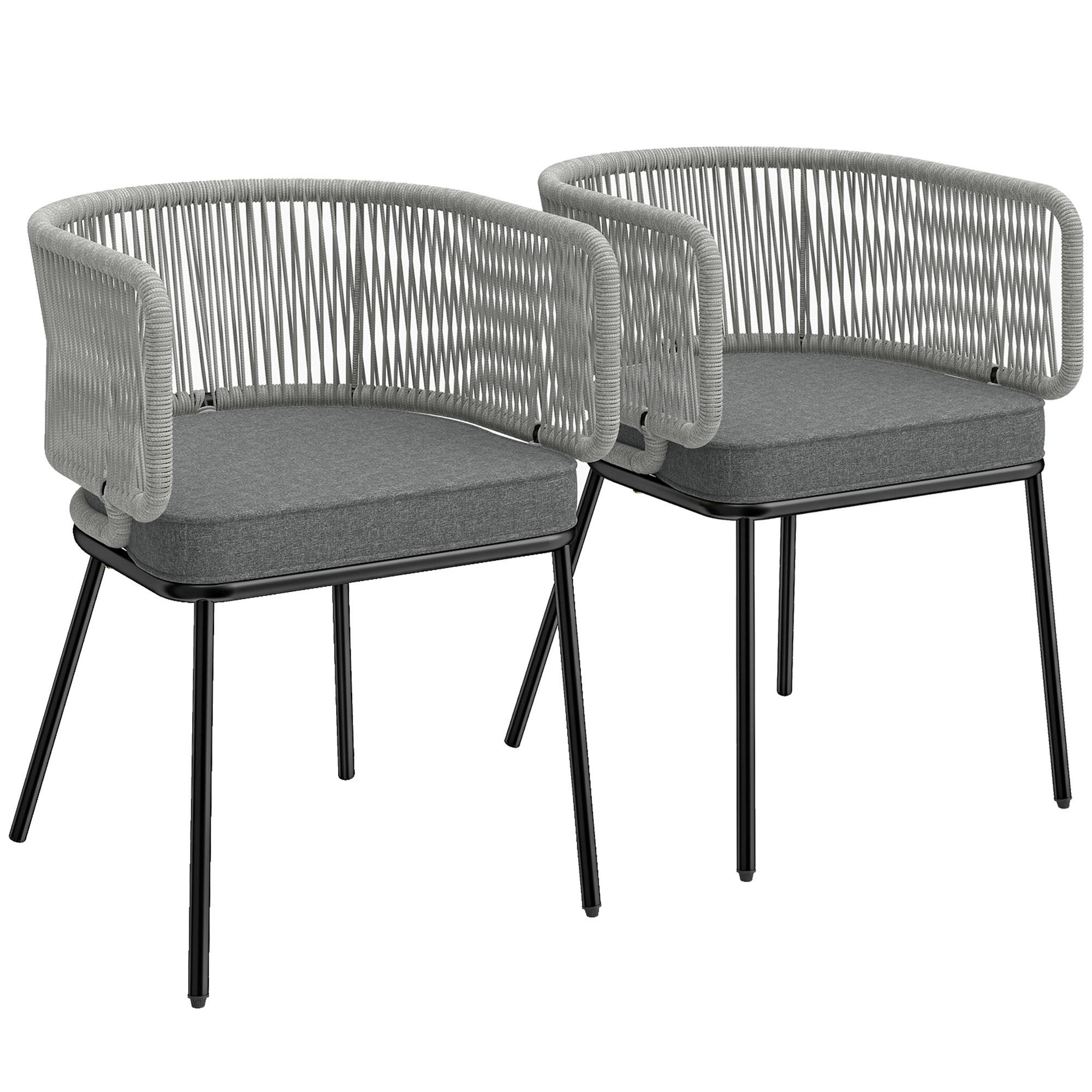 Sans Marque - Lot de 2 Fauteuils de Jardin, Dossier et Accoudoirs en Corde Résine Tressée, Coussins Amovibles, 46x58x72cm, Gris Clair - Image 2