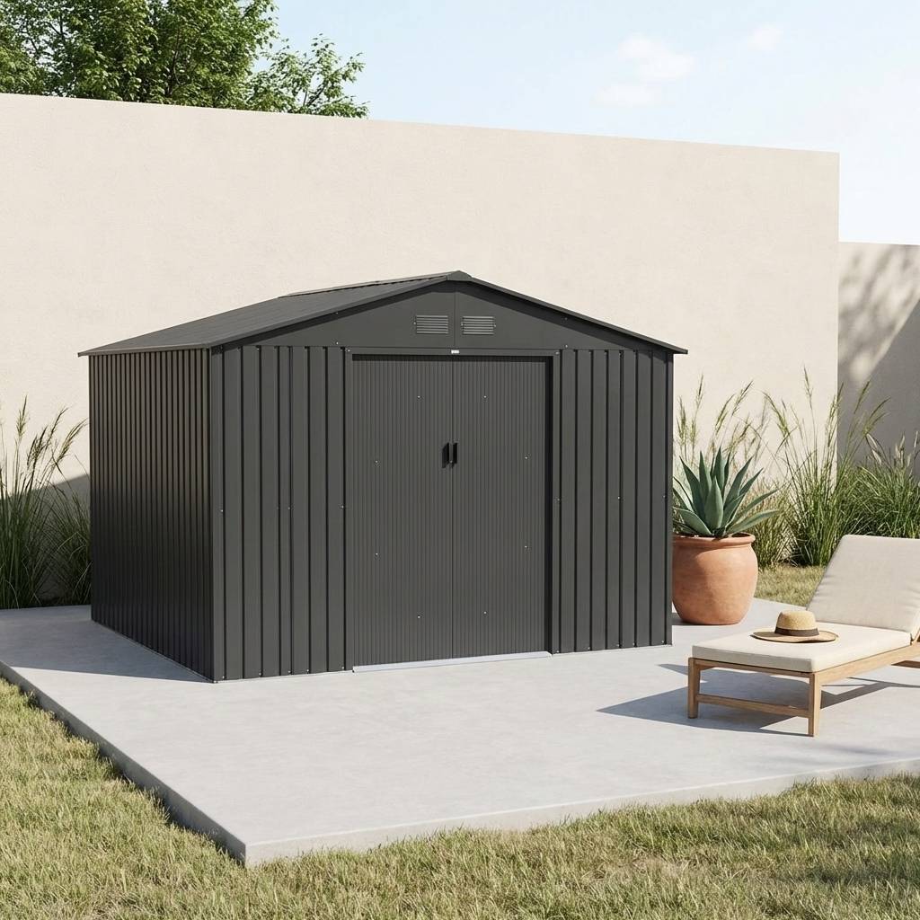 sweeek - Abri de jardin en métal - Boulonnais - 10.85m² gris anthracite et blanc - Cabane à outils avec deux portes coulissantes. kit de fixation sol | sweeek - Image 1