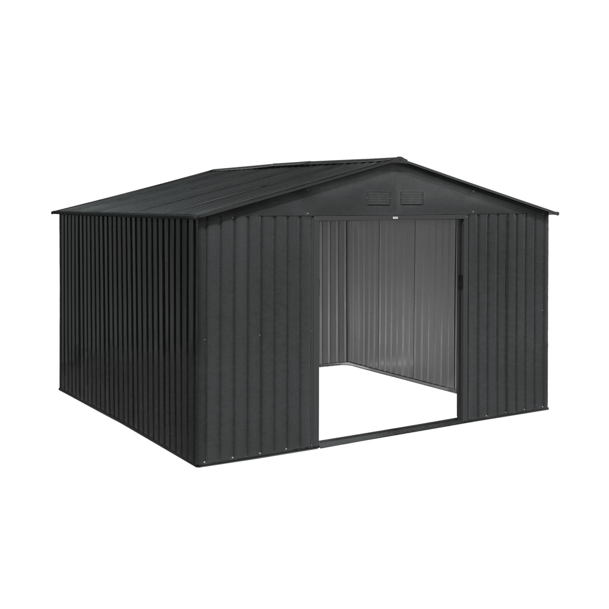 sweeek - Abri de jardin en métal - Boulonnais - 10.85m² gris anthracite et blanc - Cabane à outils avec deux portes coulissantes. kit de fixation sol | sweeek - Image 4