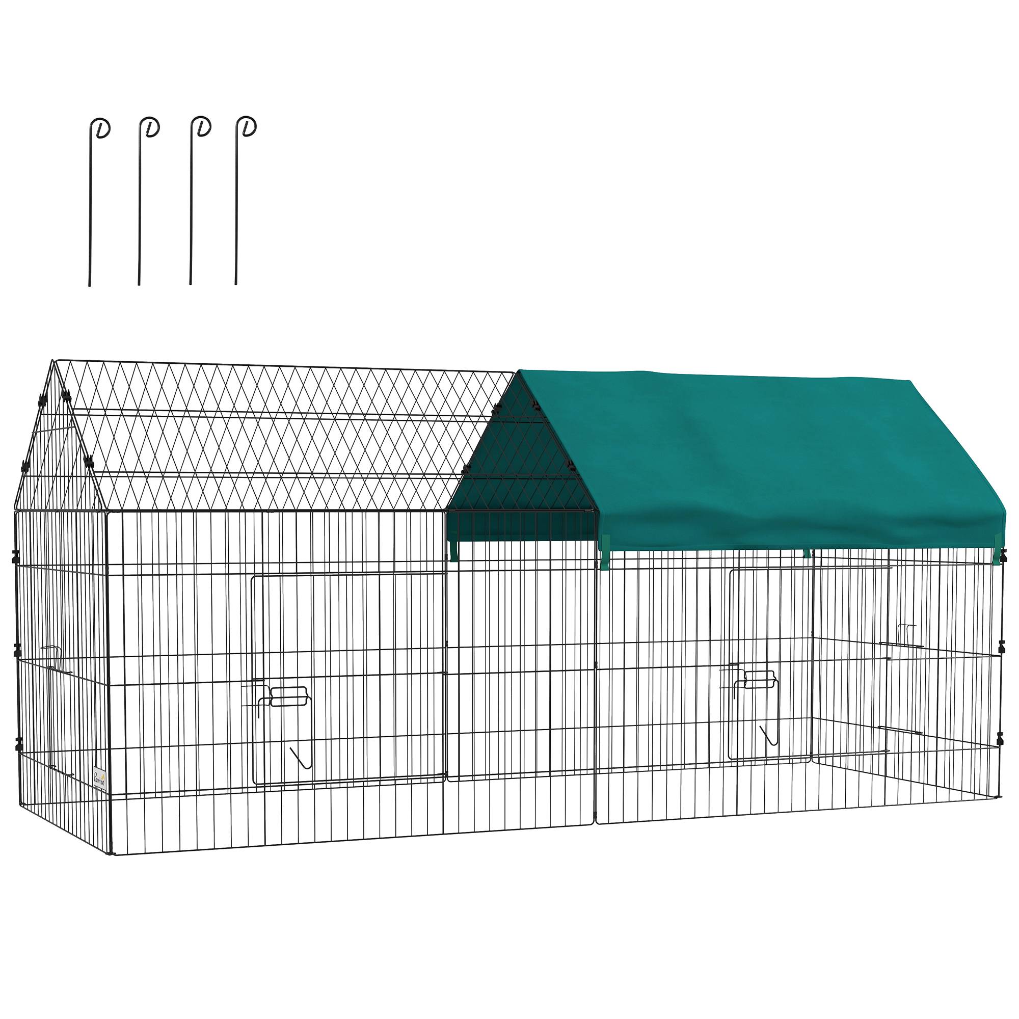 Enclos petits animaux avec toit, 4 portes, résistant, acier/polyester, 220x85x103 cm, vert/noir - Image 1