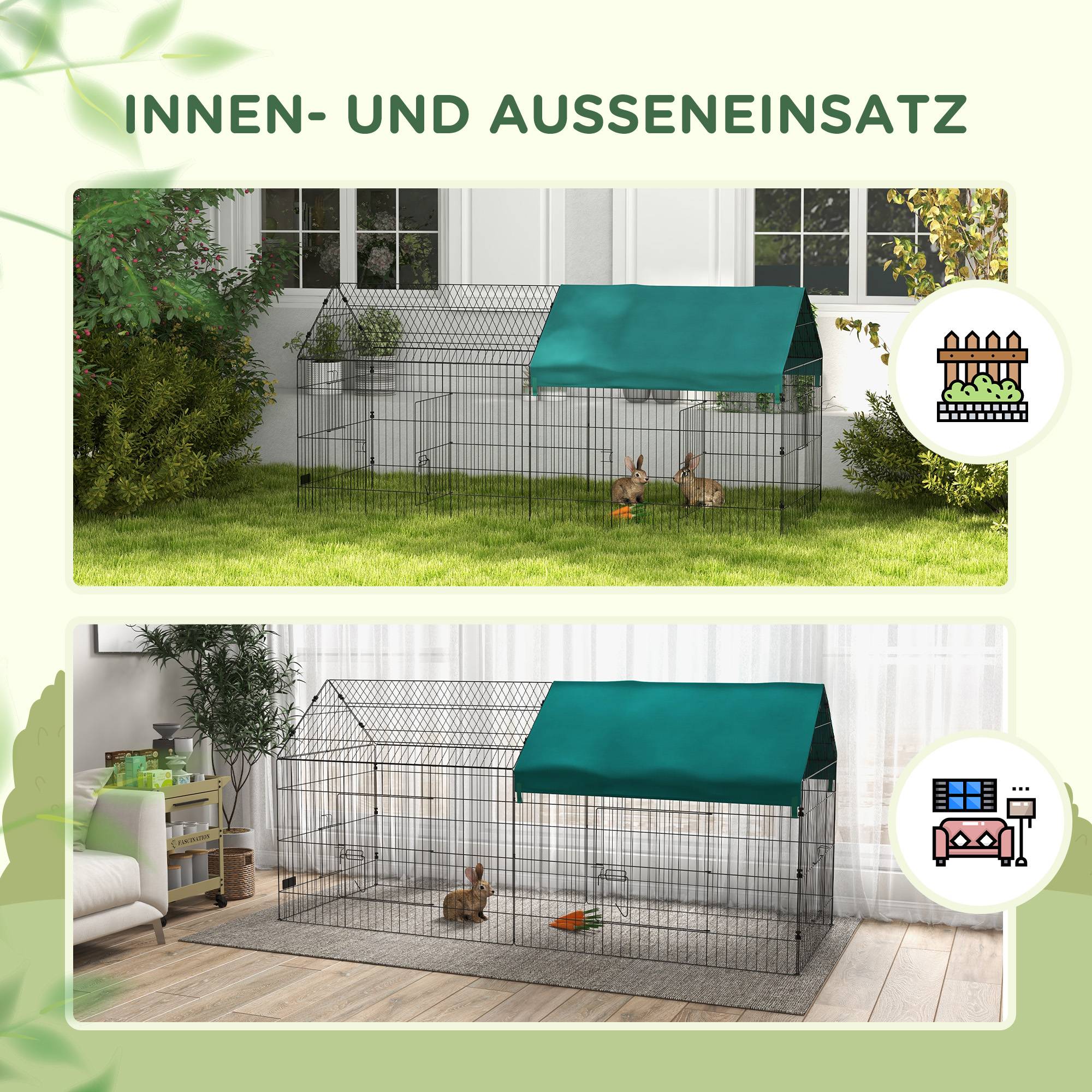 Enclos petits animaux avec toit, 4 portes, résistant, acier/polyester, 220x85x103 cm, vert/noir - Image 7