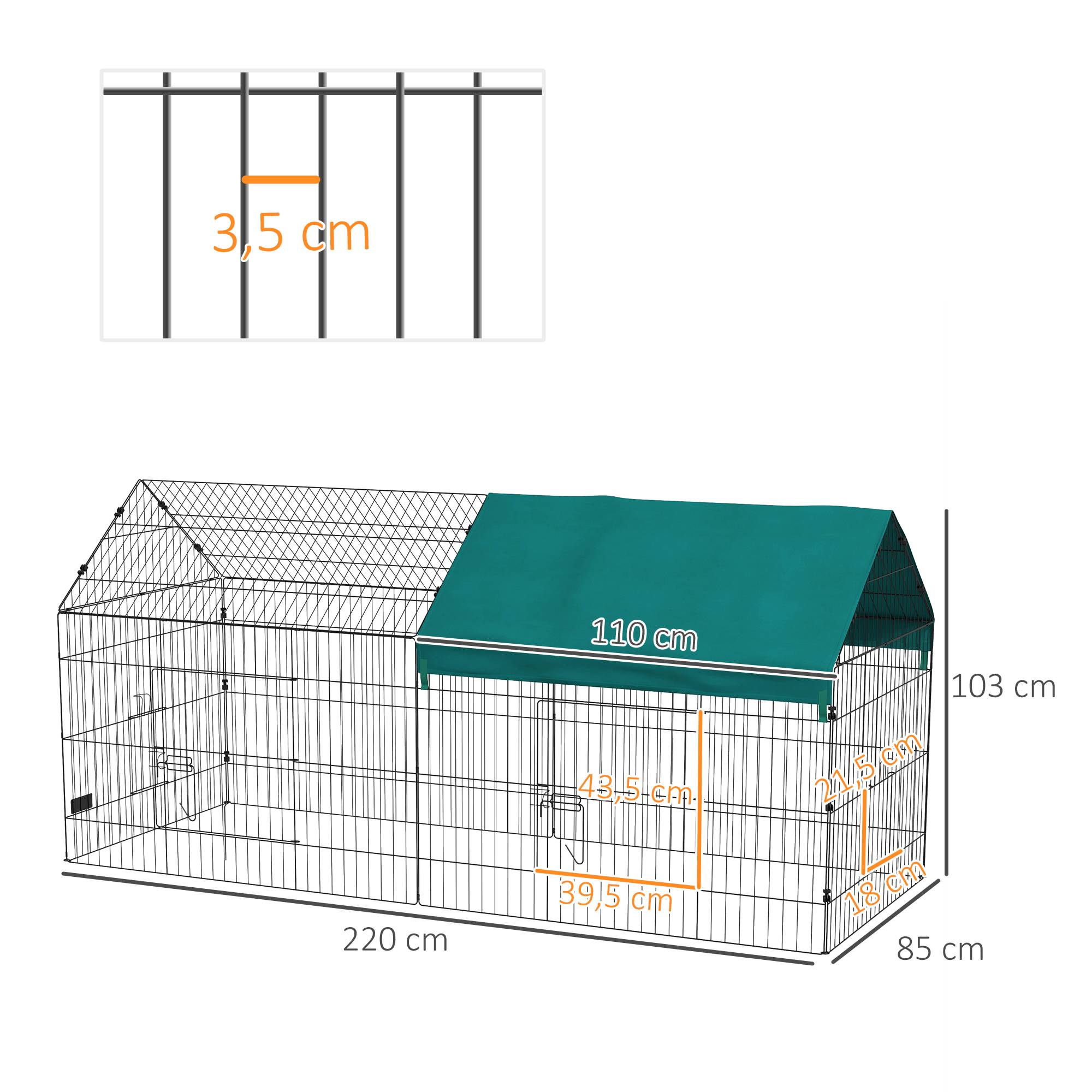 Enclos petits animaux avec toit, 4 portes, résistant, acier/polyester, 220x85x103 cm, vert/noir - Image 5