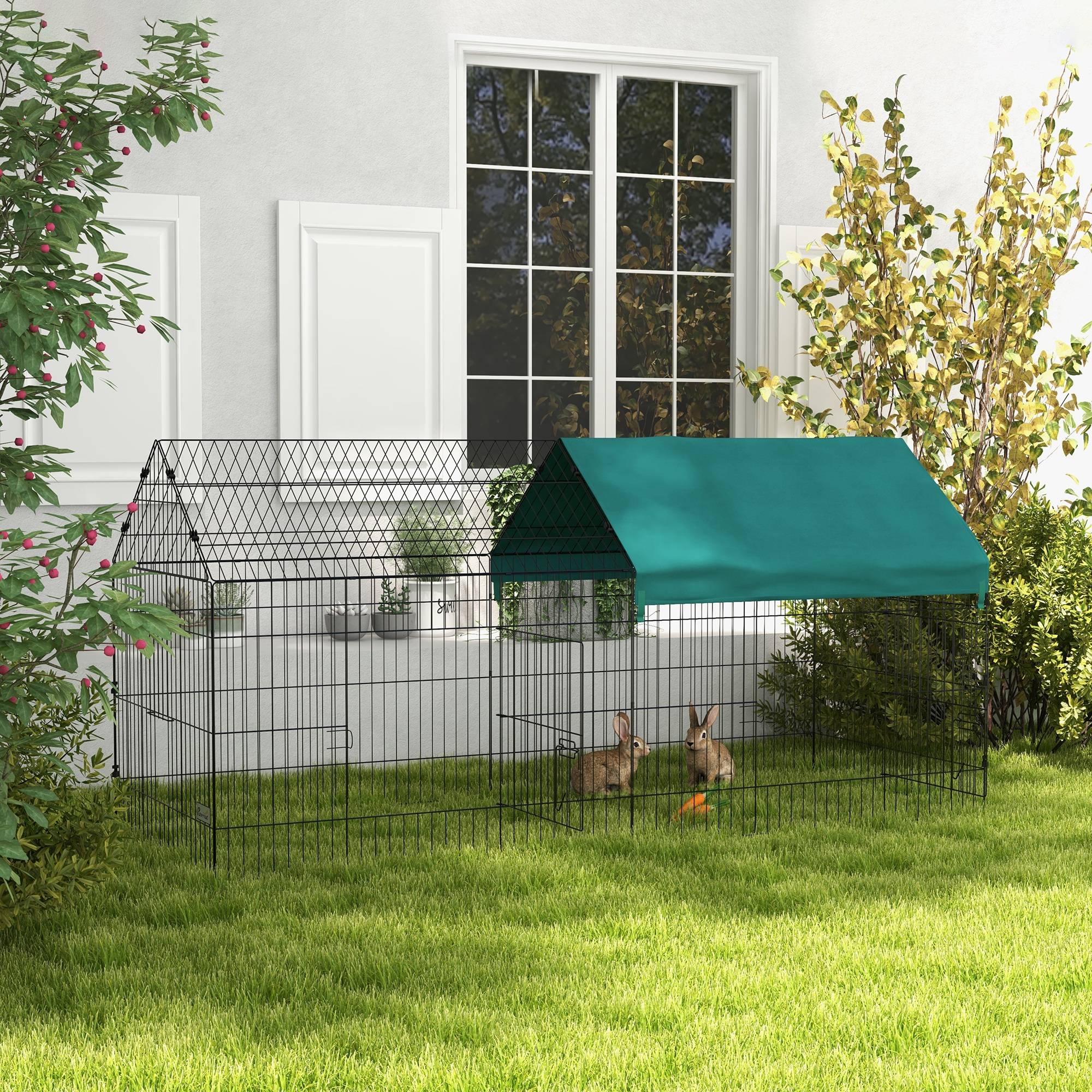 Enclos petits animaux avec toit, 4 portes, résistant, acier/polyester, 220x85x103 cm, vert/noir - Image 3