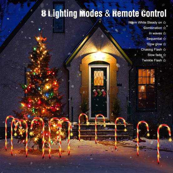 Paquet de 12 décorations de noël lumières solaires de canne à sucre, lumières solaires de marqueurs de chemin avec étoile et télécommande, 8 Modes - Image 5