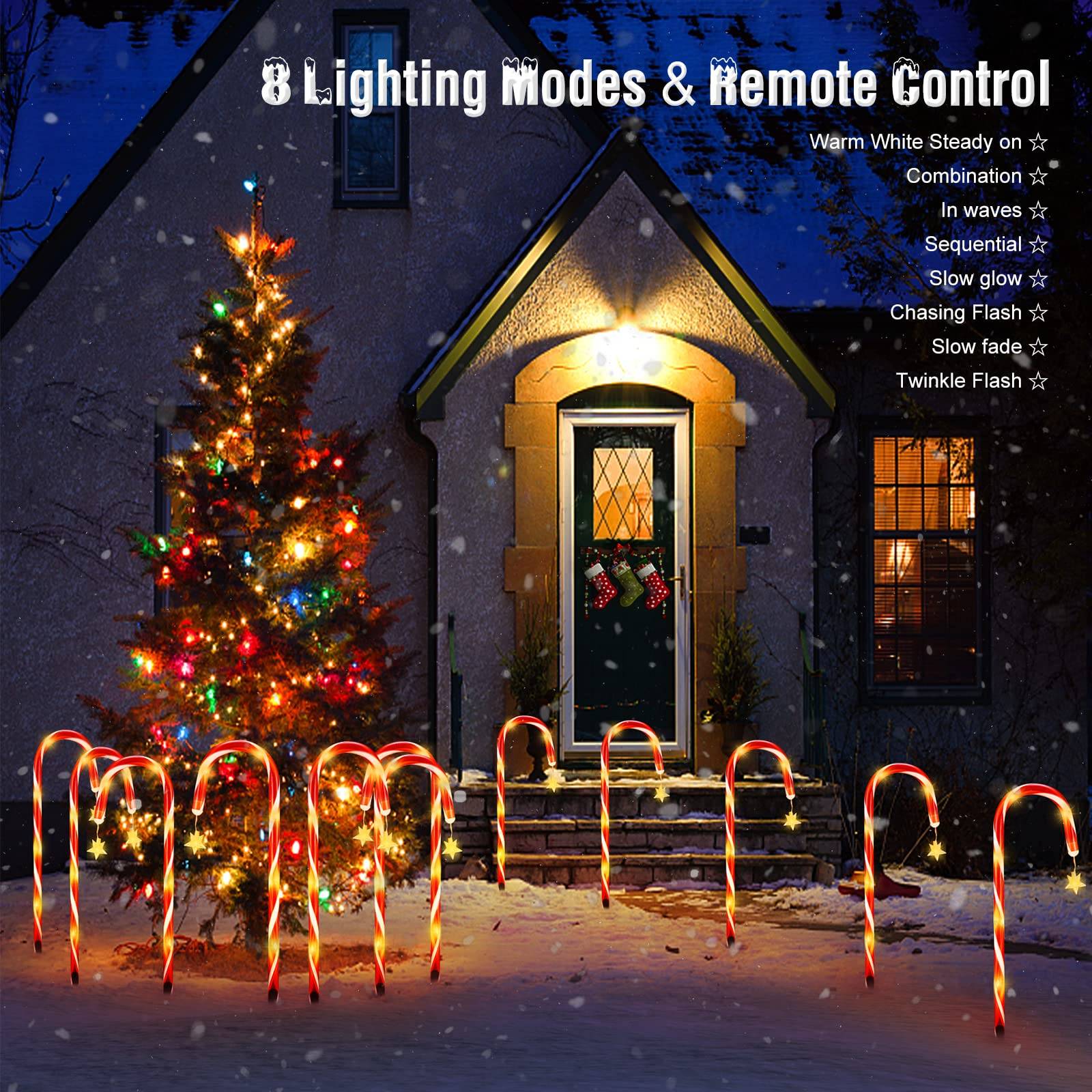 Paquet de 12 décorations de noël lumières solaires de canne à sucre, lumières solaires de marqueurs de chemin avec étoile et télécommande, 8 Modes - Image 5