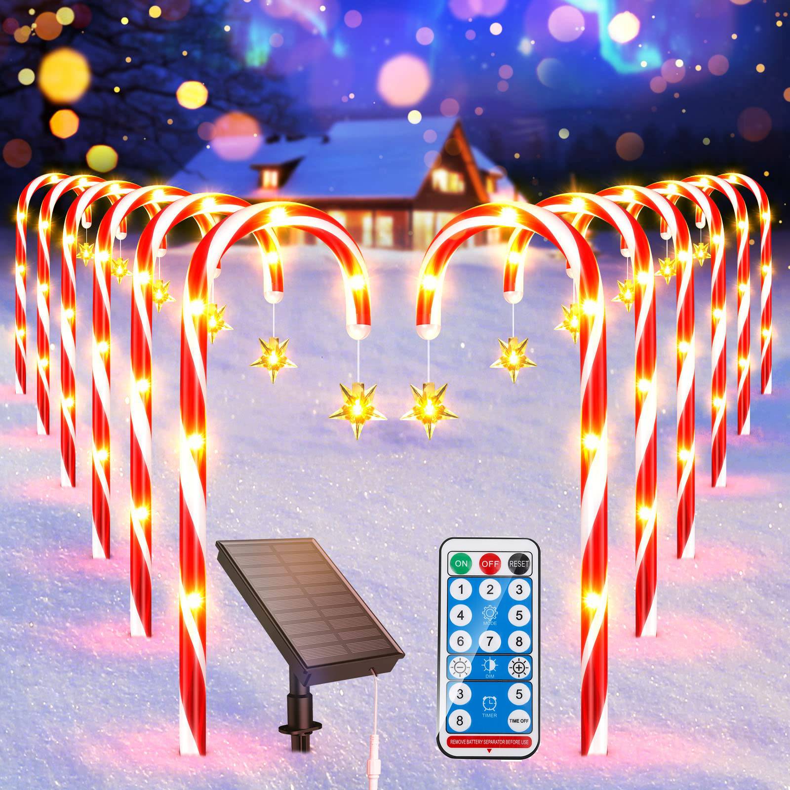 Paquet de 12 décorations de noël lumières solaires de canne à sucre, lumières solaires de marqueurs de chemin avec étoile et télécommande, 8 Modes - Image 1