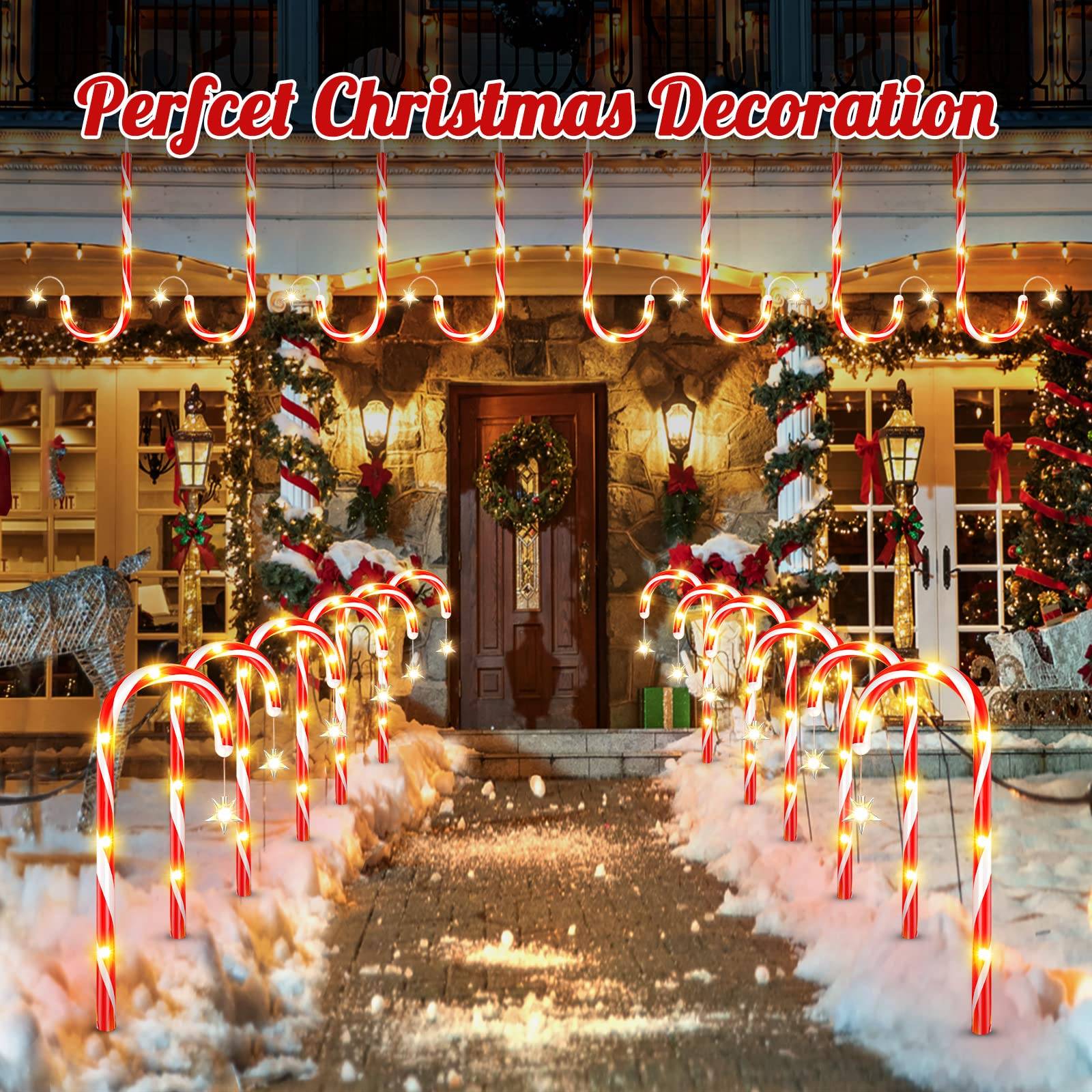 Paquet de 12 décorations de noël lumières solaires de canne à sucre, lumières solaires de marqueurs de chemin avec étoile et télécommande, 8 Modes - Image 2