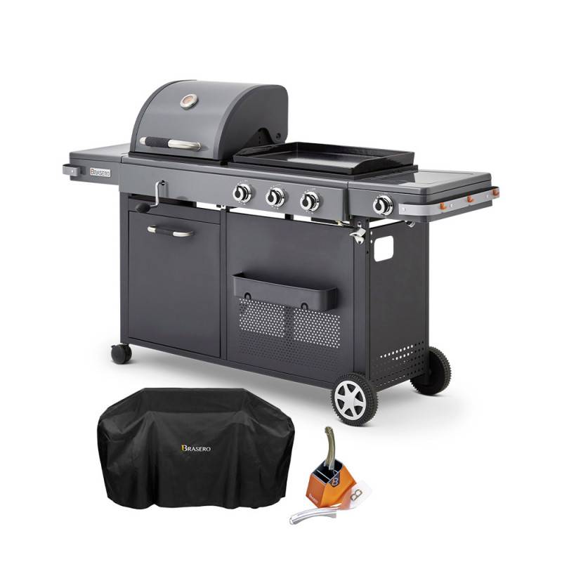 Brasero - Barbecue Plancha Bi-Energy XL Gaz & Charbon – BRASERO BY FAVEX - 3 brûleurs 10,8 kW – 14 convives – Housse + Kit spatules inclus