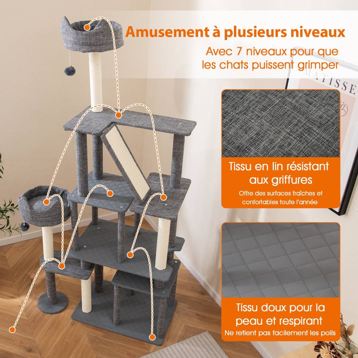 Maison Chic - Arbre à Chat de 180cm Tour pour Chat à Plusieurs Niveaux avec Griffoirs Planche en Sisal - Image 5