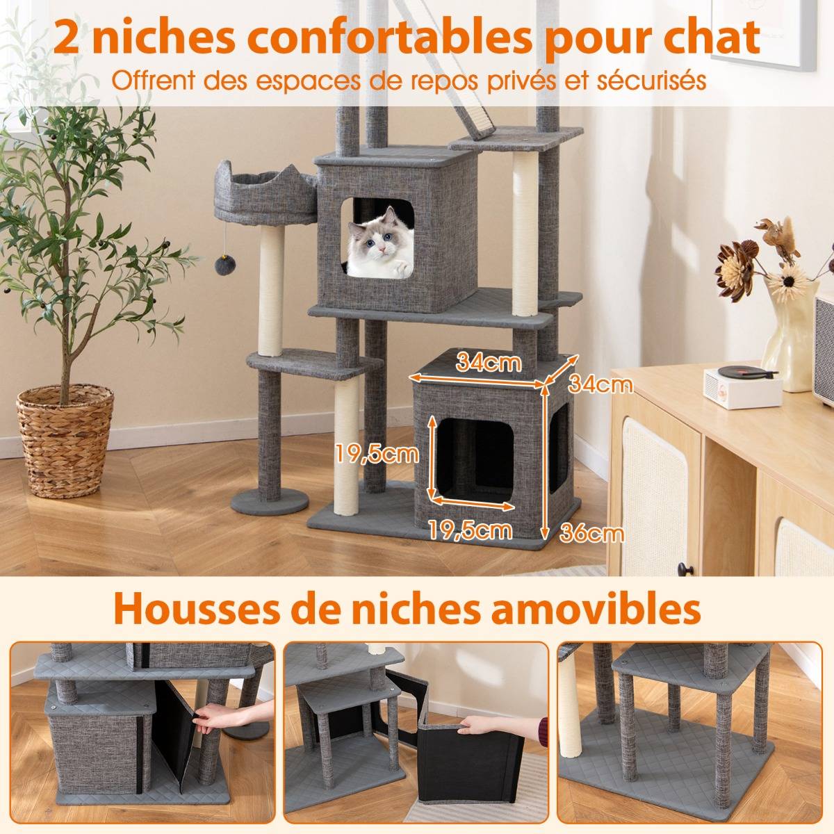 Maison Chic - Arbre à Chat de 180cm Tour pour Chat à Plusieurs Niveaux avec Griffoirs Planche en Sisal - Image 7