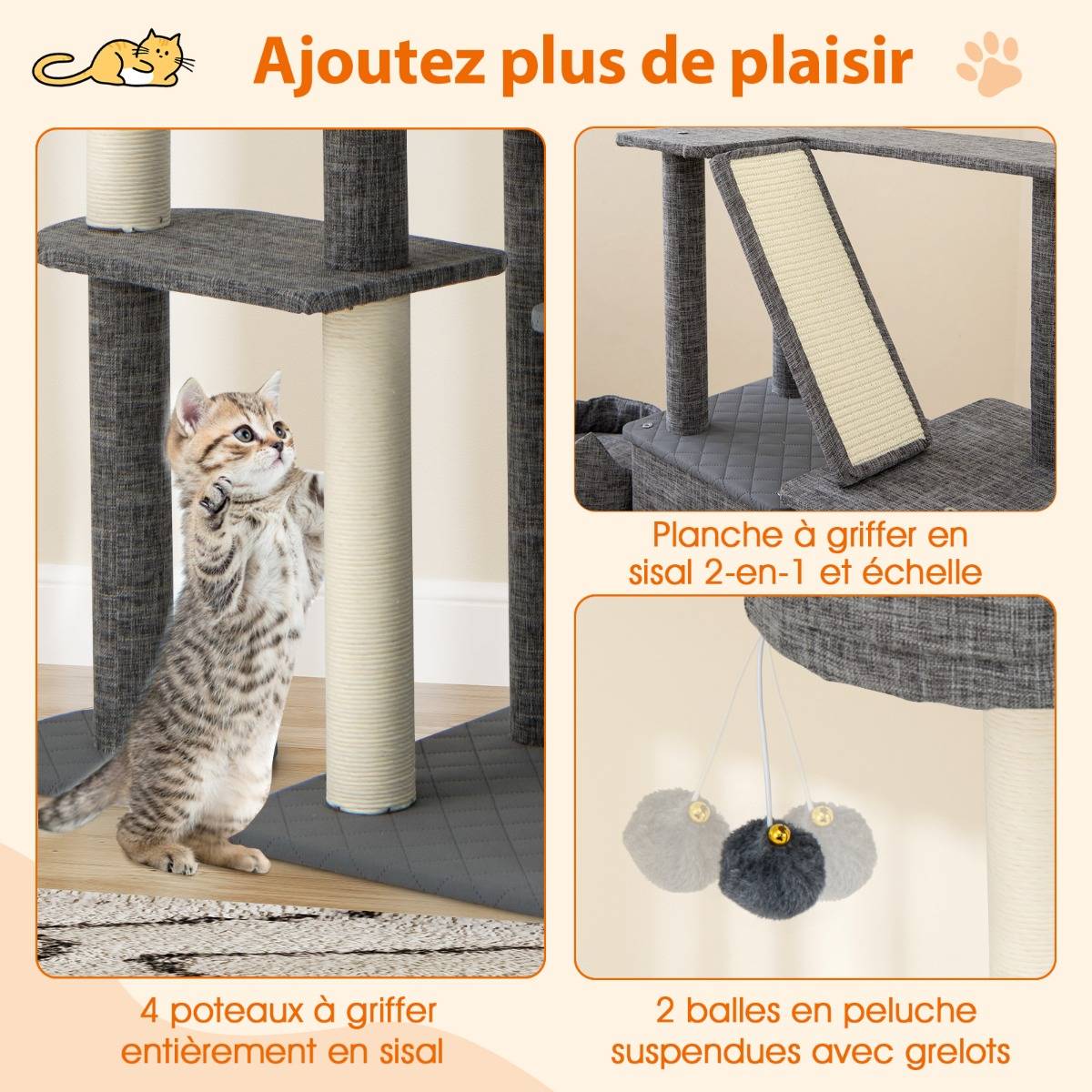 Maison Chic - Arbre à Chat de 180cm Tour pour Chat à Plusieurs Niveaux avec Griffoirs Planche en Sisal - Image 4