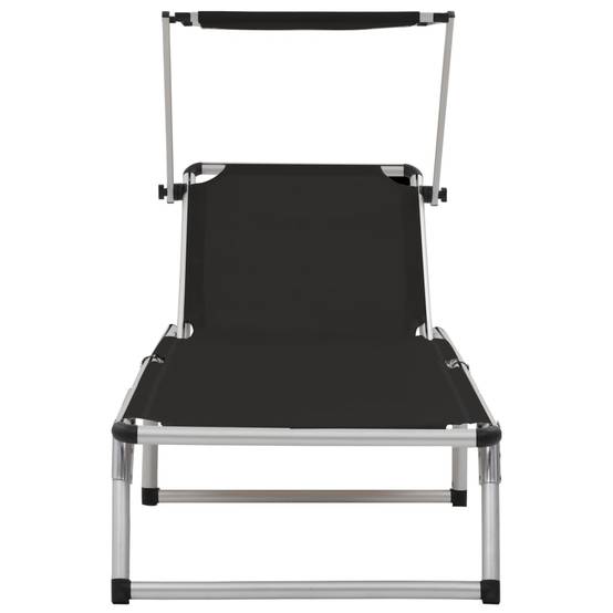Chaise longue | Transat | Bain de soleil pliable avec toit Aluminium et textilène Noir - Image 4
