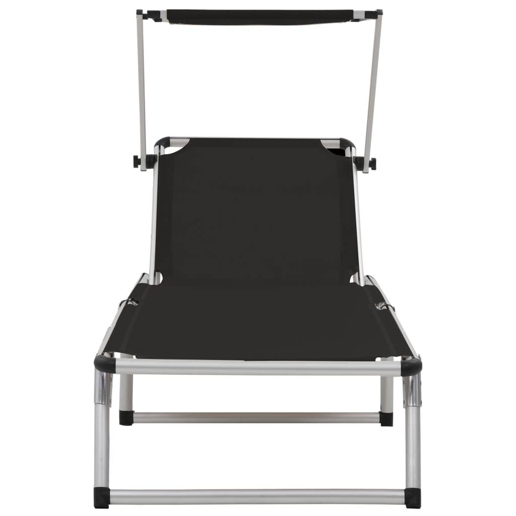 Chaise longue | Transat | Bain de soleil pliable avec toit Aluminium et textilène Noir - Image 4