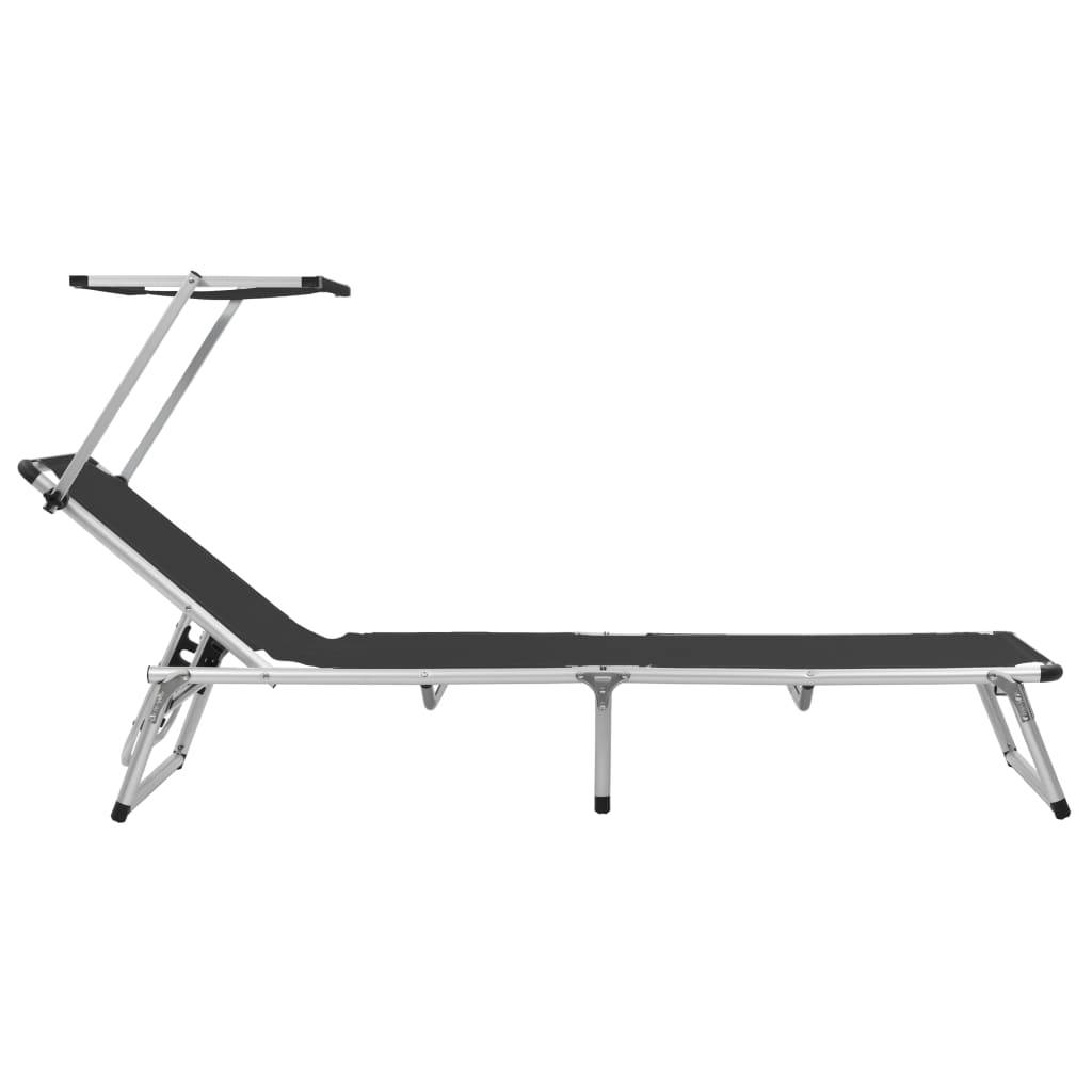 Chaise longue | Transat | Bain de soleil pliable avec toit Aluminium et textilène Noir - Image 3