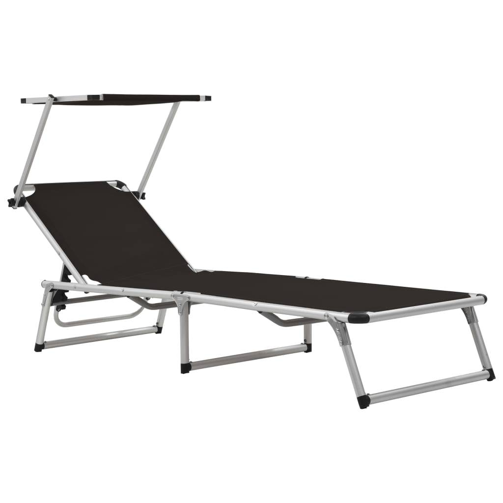 Chaise longue | Transat | Bain de soleil pliable avec toit Aluminium et textilène Noir - Image 2