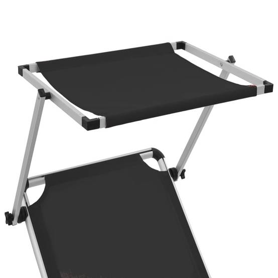 Chaise longue | Transat | Bain de soleil pliable avec toit Aluminium et textilène Noir - Image 6