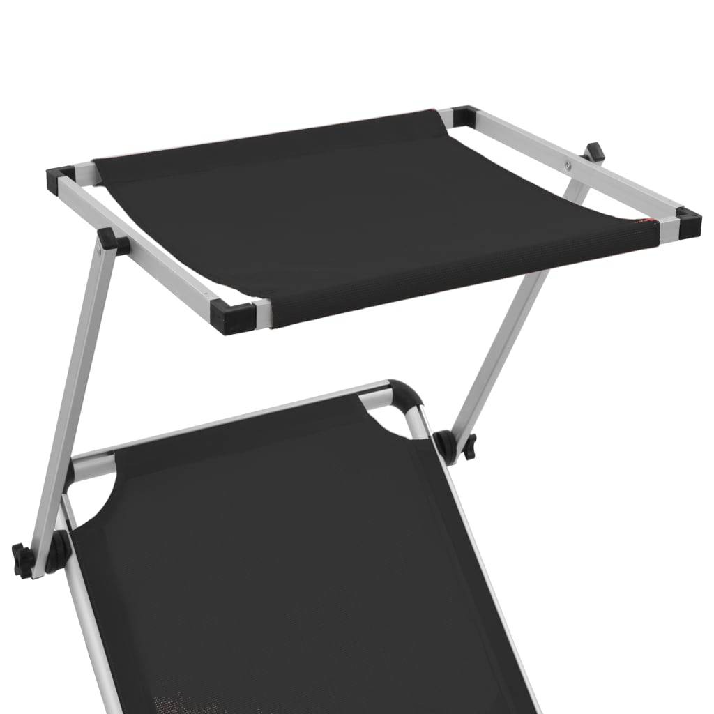 Chaise longue | Transat | Bain de soleil pliable avec toit Aluminium et textilène Noir - Image 6