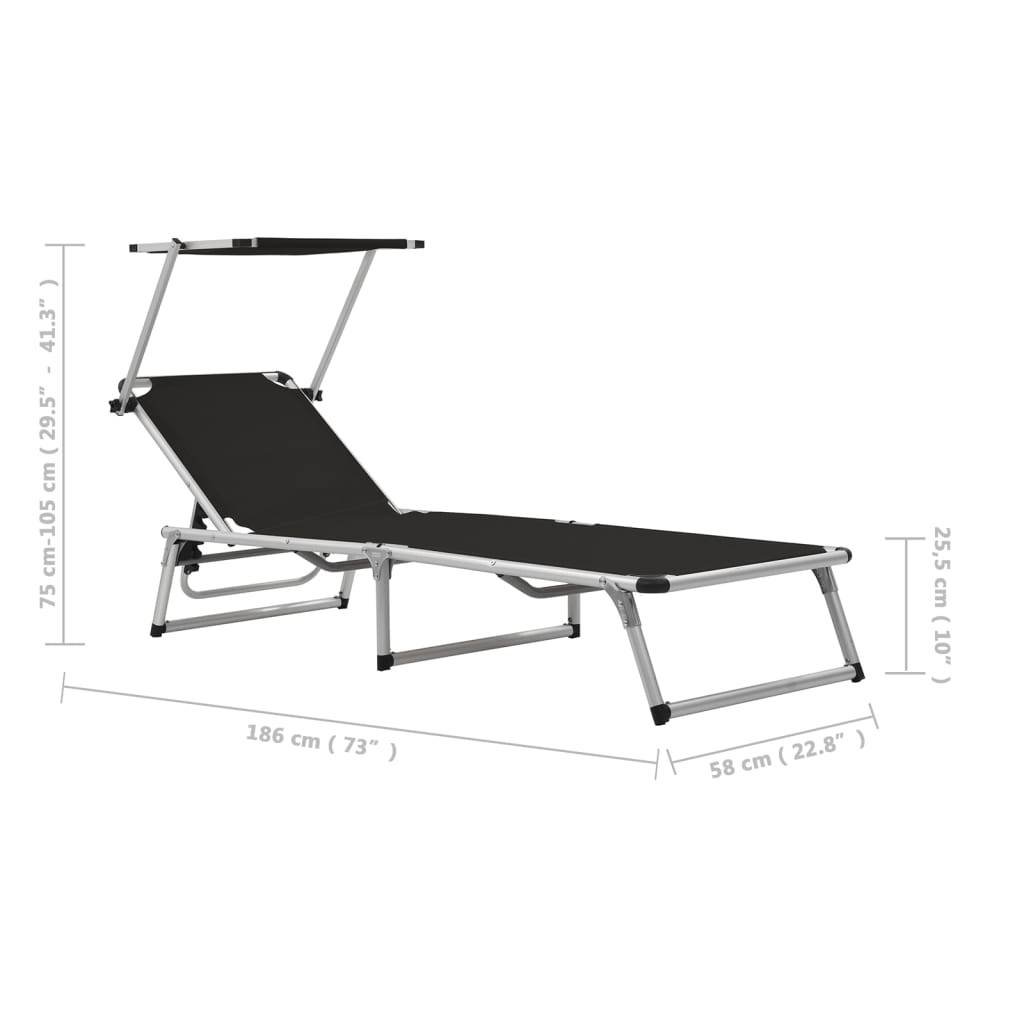 Chaise longue | Transat | Bain de soleil pliable avec toit Aluminium et textilène Noir - Image 10