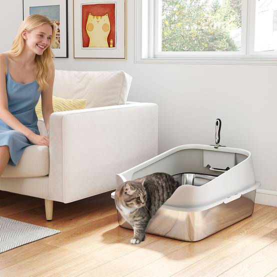 Litière chat acier inoxydable XL bord haut pelle facile nettoyer étanche 60,2x40,2x29,7 cm gris - Image 4
