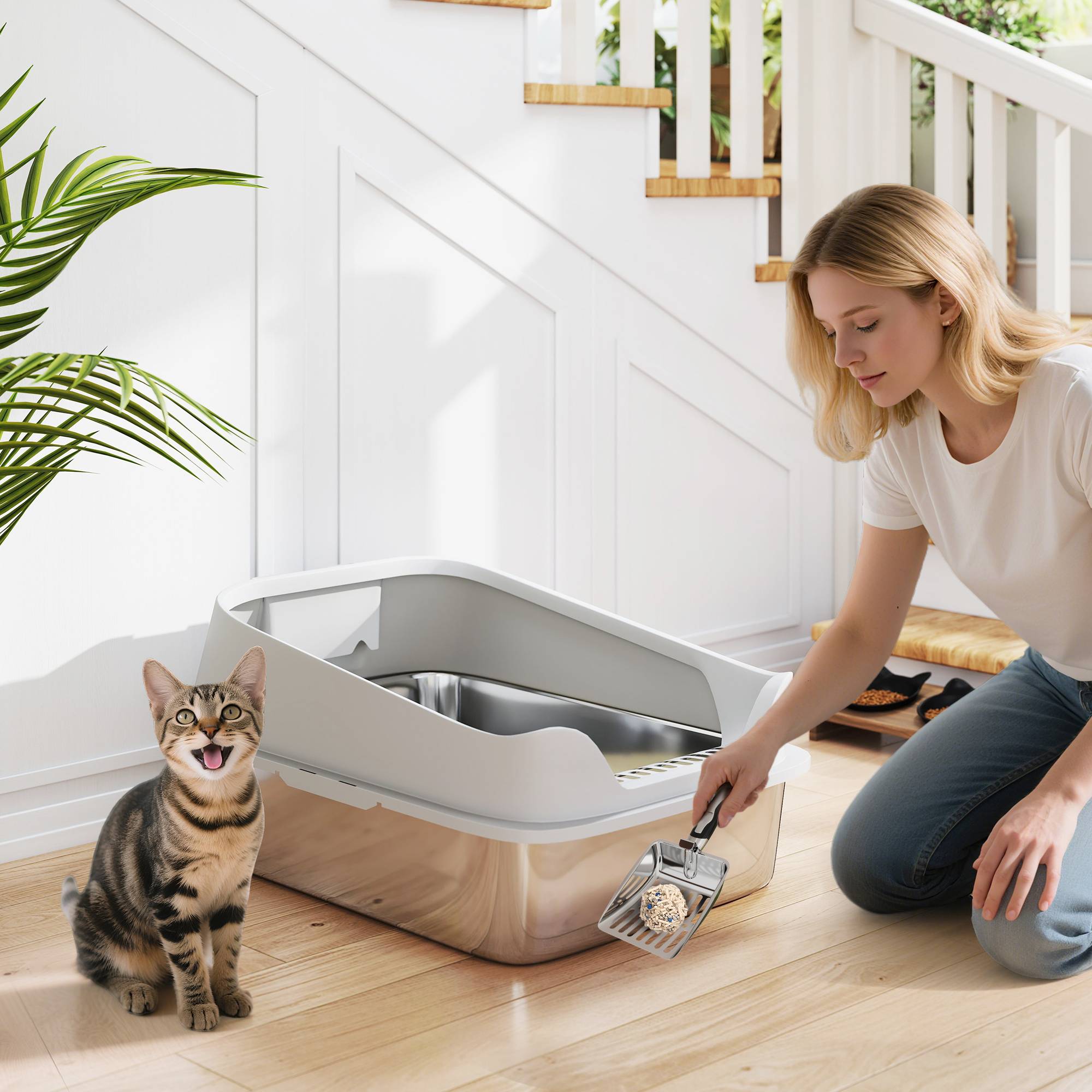 Litière chat acier inoxydable XL bord haut pelle facile nettoyer étanche 60,2x40,2x29,7 cm gris - Image 3
