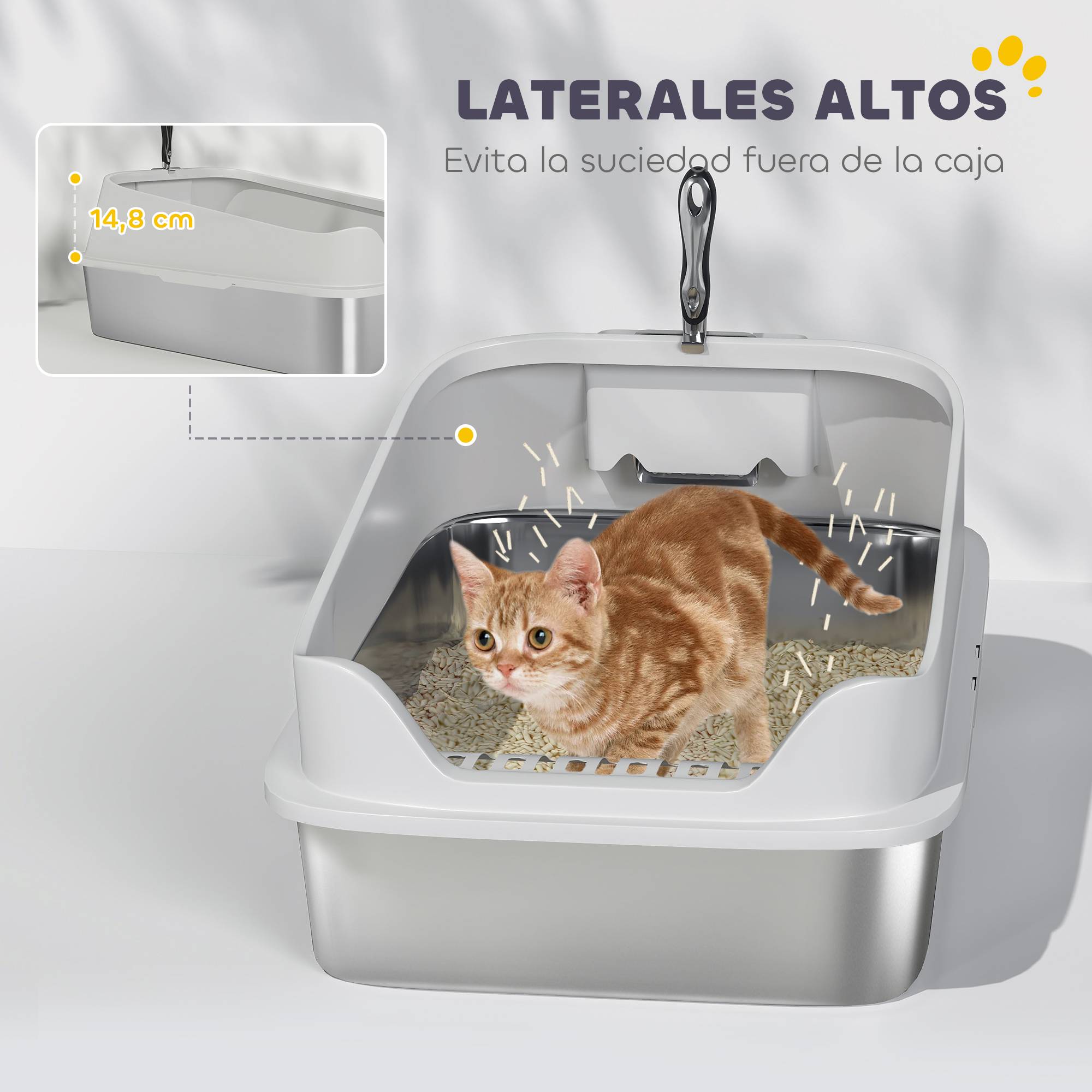 Litière chat acier inoxydable XL bord haut pelle facile nettoyer étanche 60,2x40,2x29,7 cm gris - Image 8
