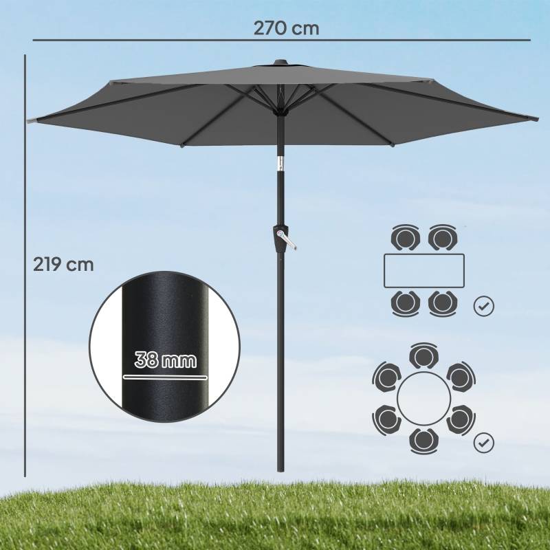 Parasol Droit Jardin Balcon Métal Polyester Inclinable Manivelle Ø270cm Gris Foncé - ComfortXL Outdoor Living - Image 3